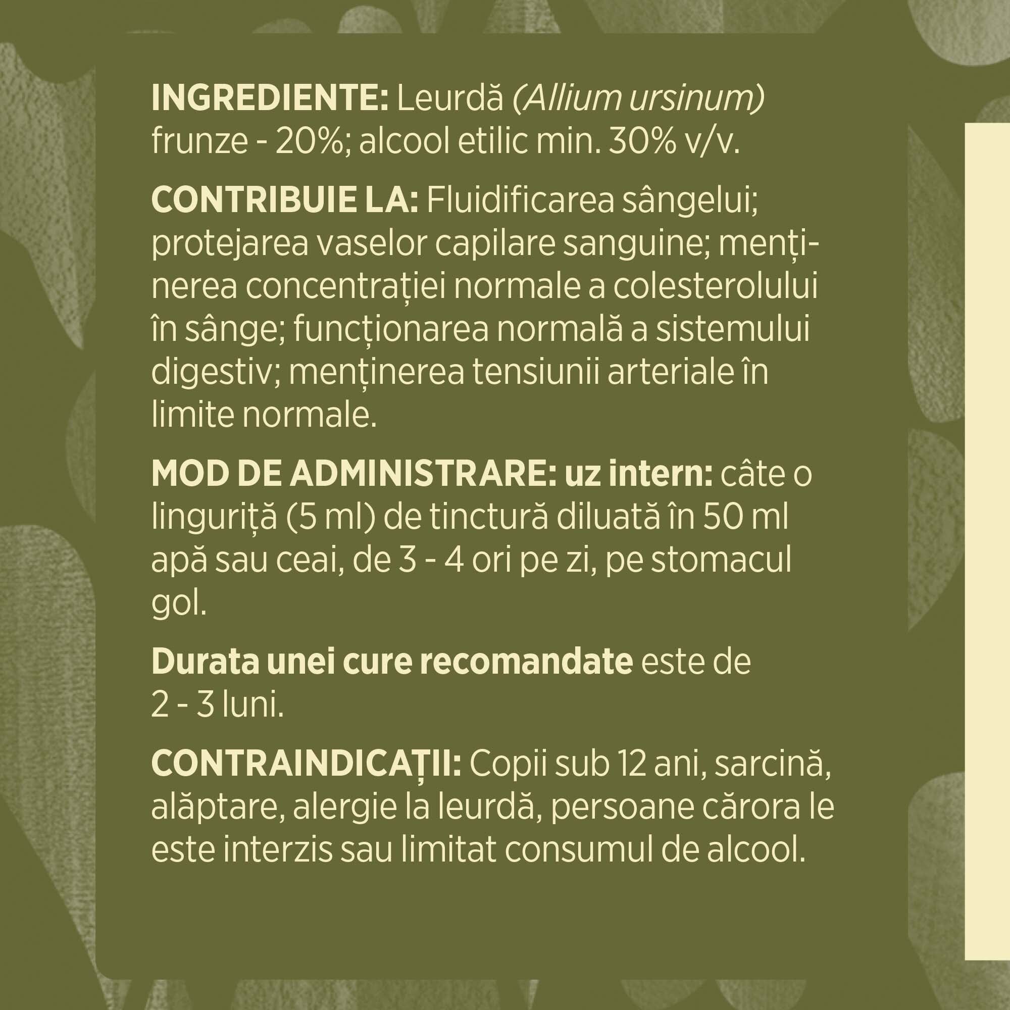 Eticheta desfășurată stânga cu ingredientele Tinctură Leurdă 200 ml de la Faunus Plant, ingrediente, proprietăți, recomandări, mod de administrare, atenționări și contraindicații.