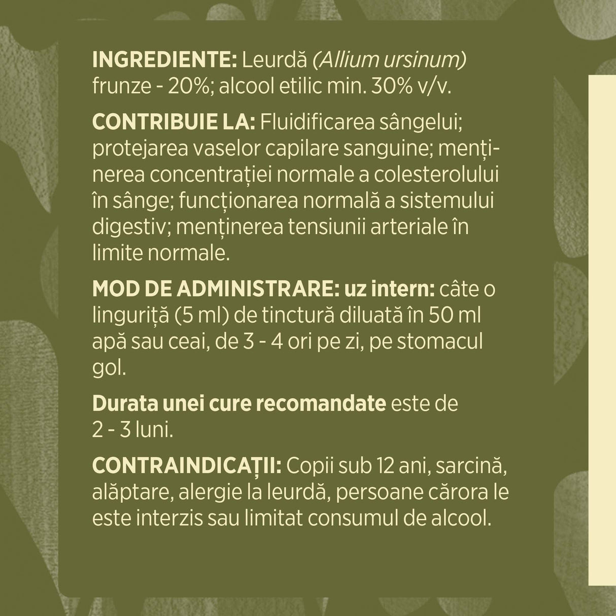 Eticheta desfășurată stânga cu ingredientele Tinctură Leurdă 500 ml de la Faunus Plant, ingrediente, proprietăți, recomandări, mod de administrare, atenționări și contraindicații.