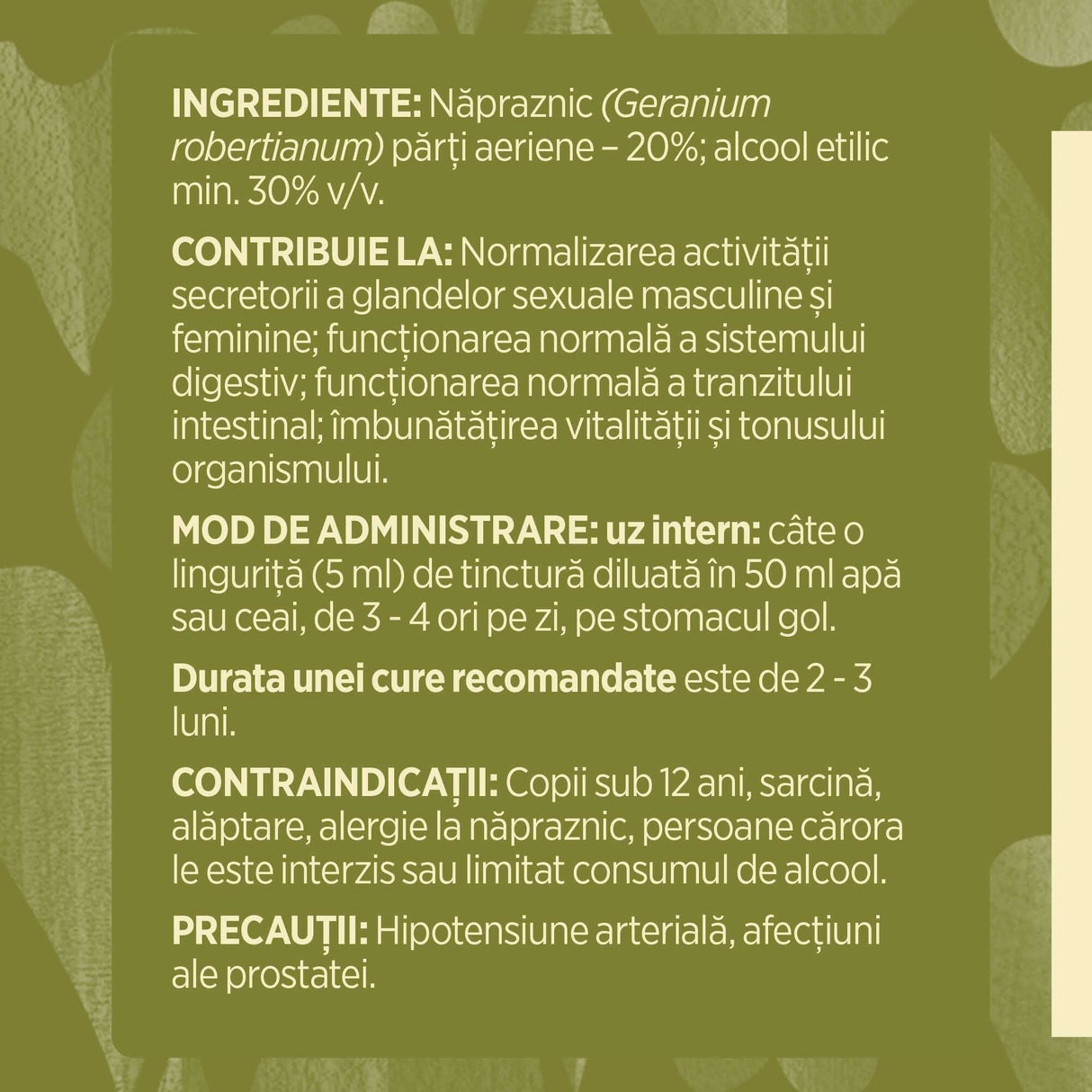 Eticheta desfășurată stânga cu ingredientele Tincturii Năpraznic 500 ml de la Faunus Plant, ingrediente, proprietăți, recomandări, mod de administrare, atenționări și contraindicații.