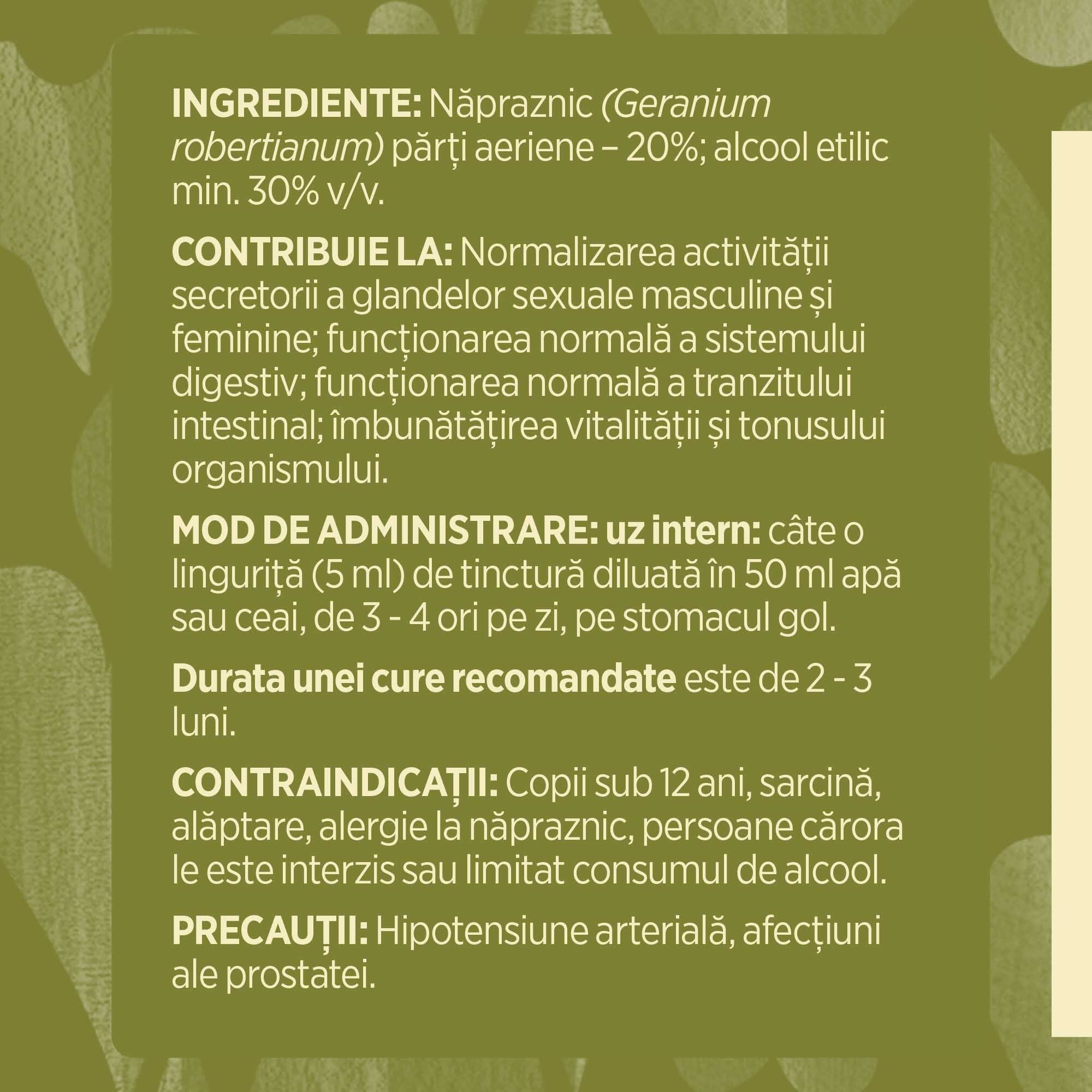 Eticheta desfășurată stânga cu ingredientele Tincturii Năpraznic 500 ml de la Faunus Plant, ingrediente, proprietăți, recomandări, mod de administrare, atenționări și contraindicații.