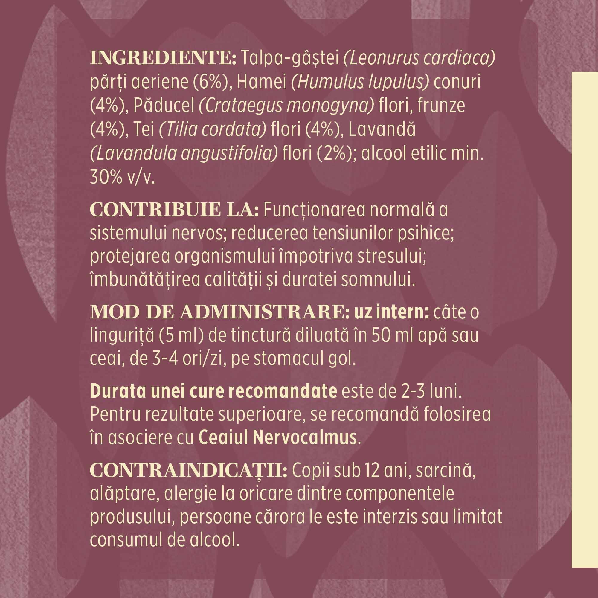 Eticheta desfășurată stânga cu ingredientele Nervocalmus 200 ml de la Faunus Plant, ingrediente, proprietăți, recomandări, mod de administrare, atenționări și contraindicații.