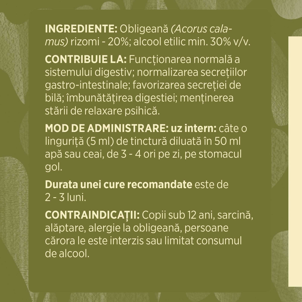 Eticheta desfășurată stânga cu ingredientele Tincturii Obligeană 500 ml de la Faunus Plant, ingrediente, proprietăți, recomandări, mod de administrare, atenționări și contraindicații.