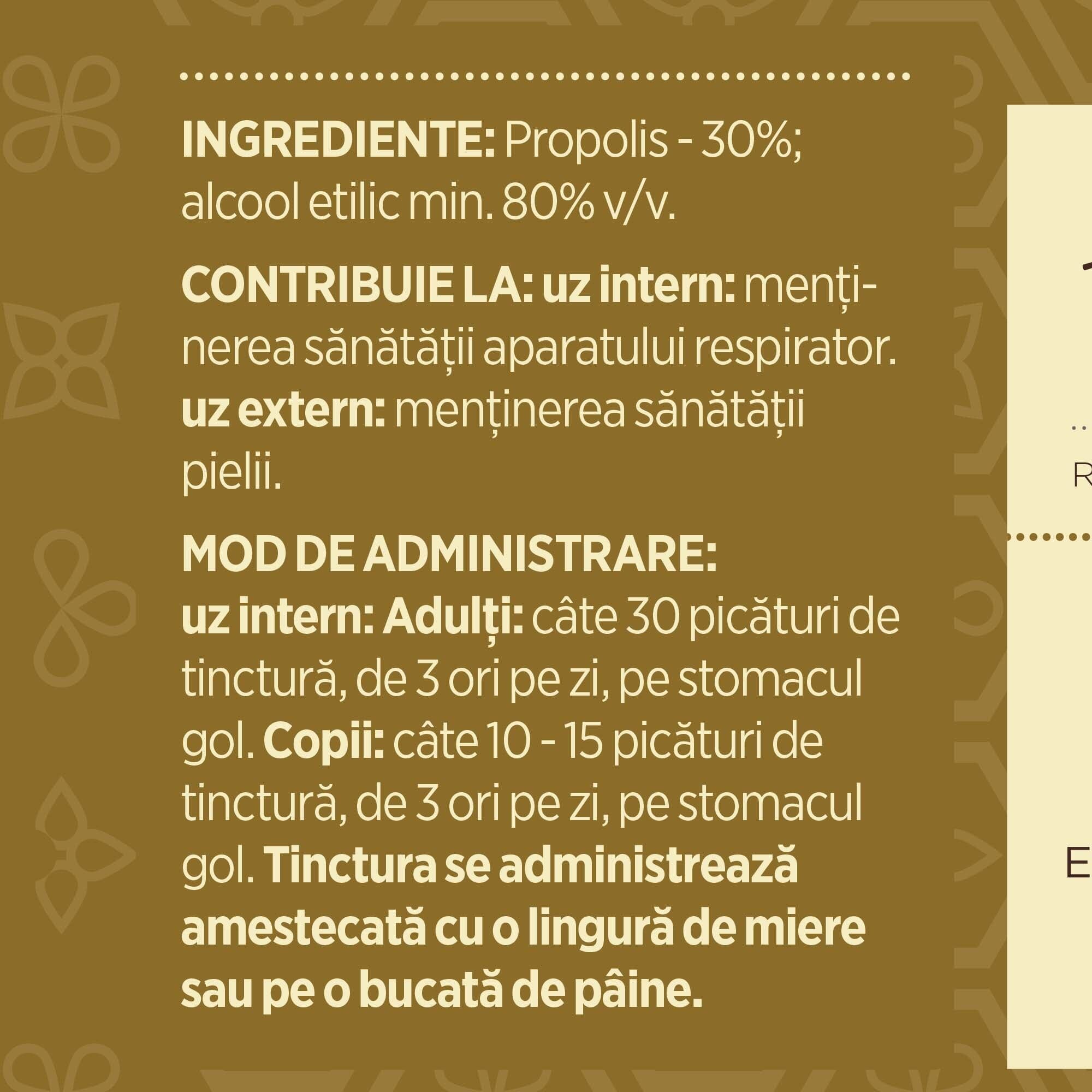 Eticheta desfășurată stânga cu ingredientele Tincturii Propolis 20 ml de la Faunus Plant, ingrediente, proprietăți, recomandări, mod de administrare, atenționări și contraindicații.
