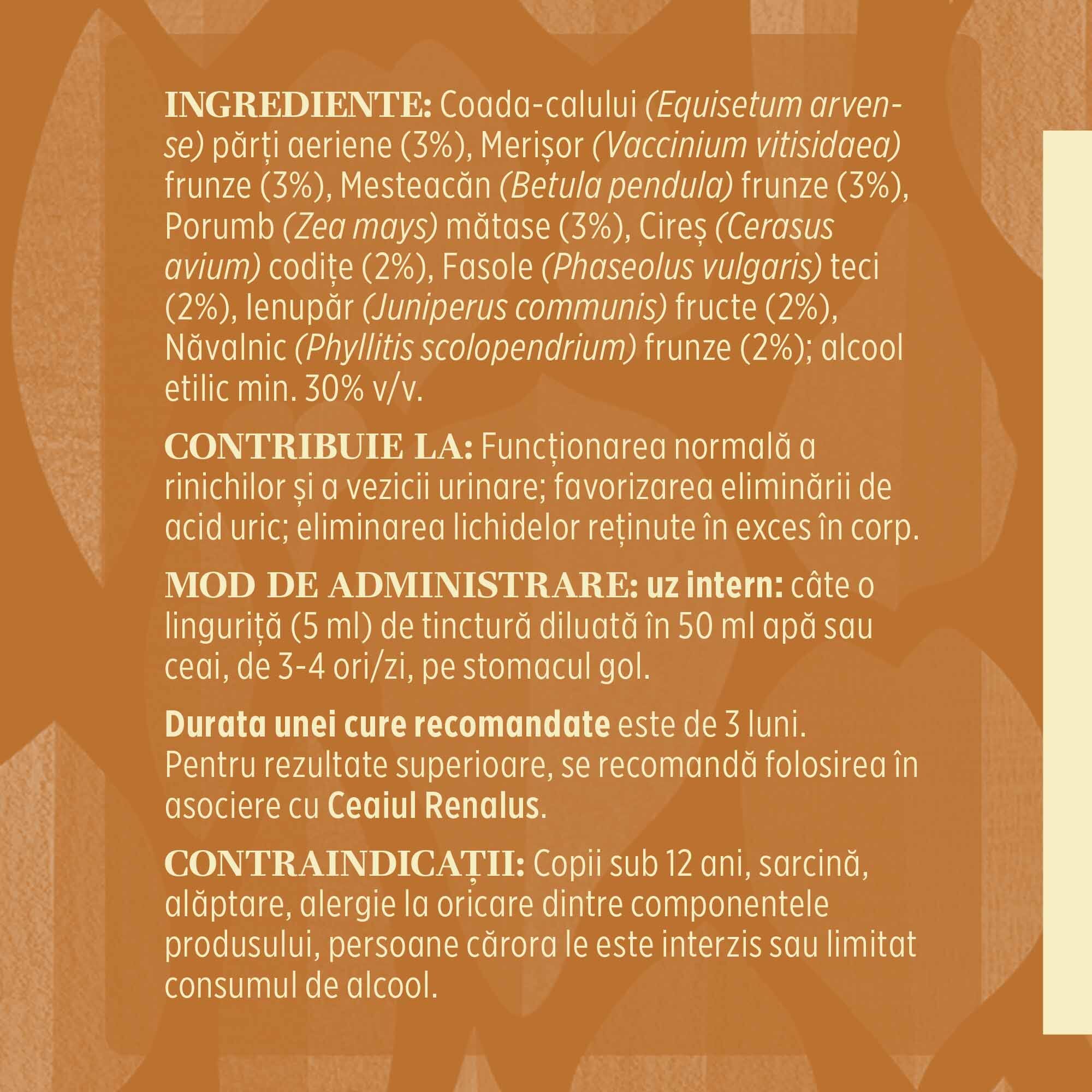 Eticheta desfășurată stânga cu ingredientele Tincturii Renalus 200 ml de la Faunus Plant, ingrediente, proprietăți, recomandări, mod de administrare, atenționări și contraindicații.
