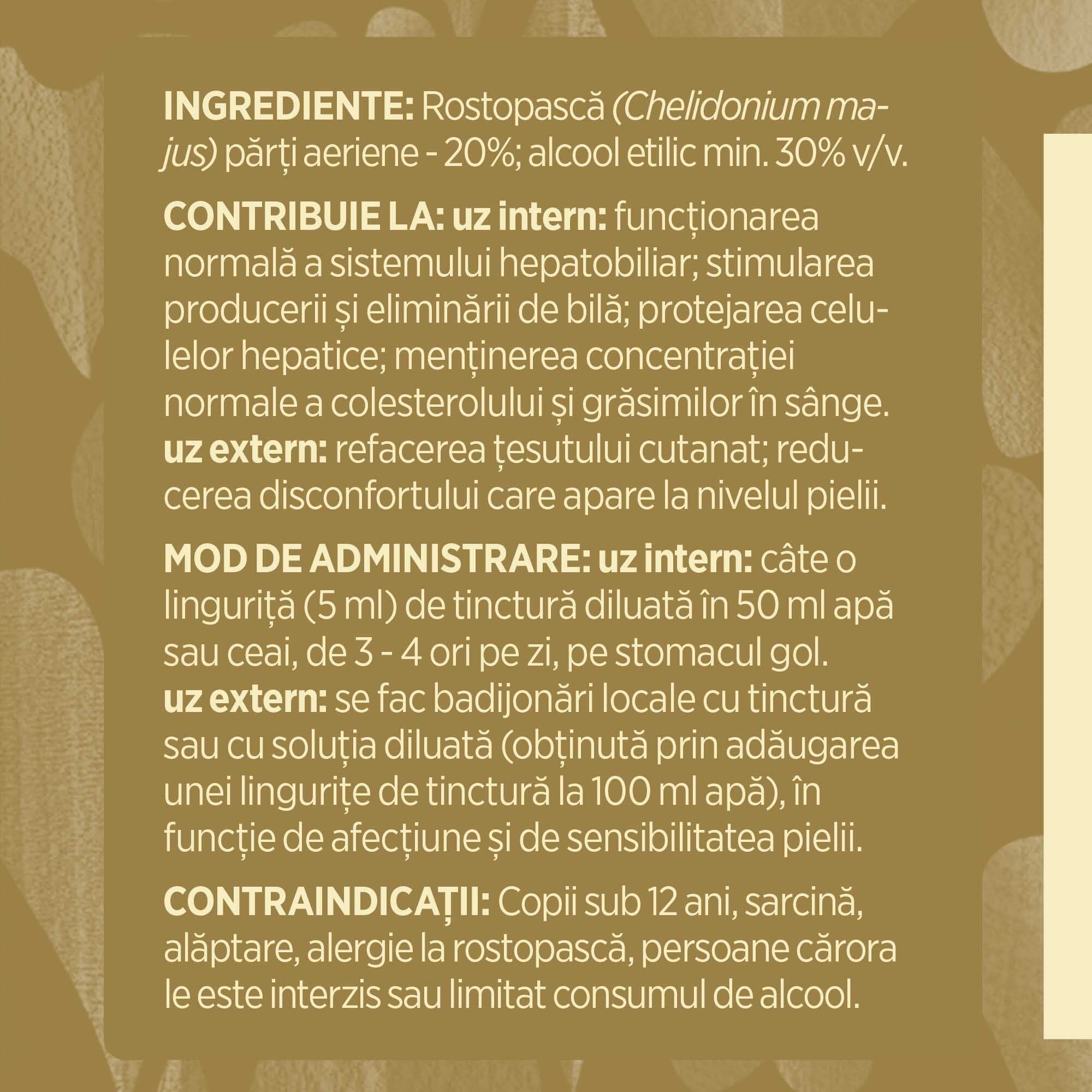 Eticheta desfășurată stânga cu ingredientele Tincturii Rostopască 200 ml de la Faunus Plant, ingrediente, proprietăți, recomandări, mod de administrare, atenționări și contraindicații.