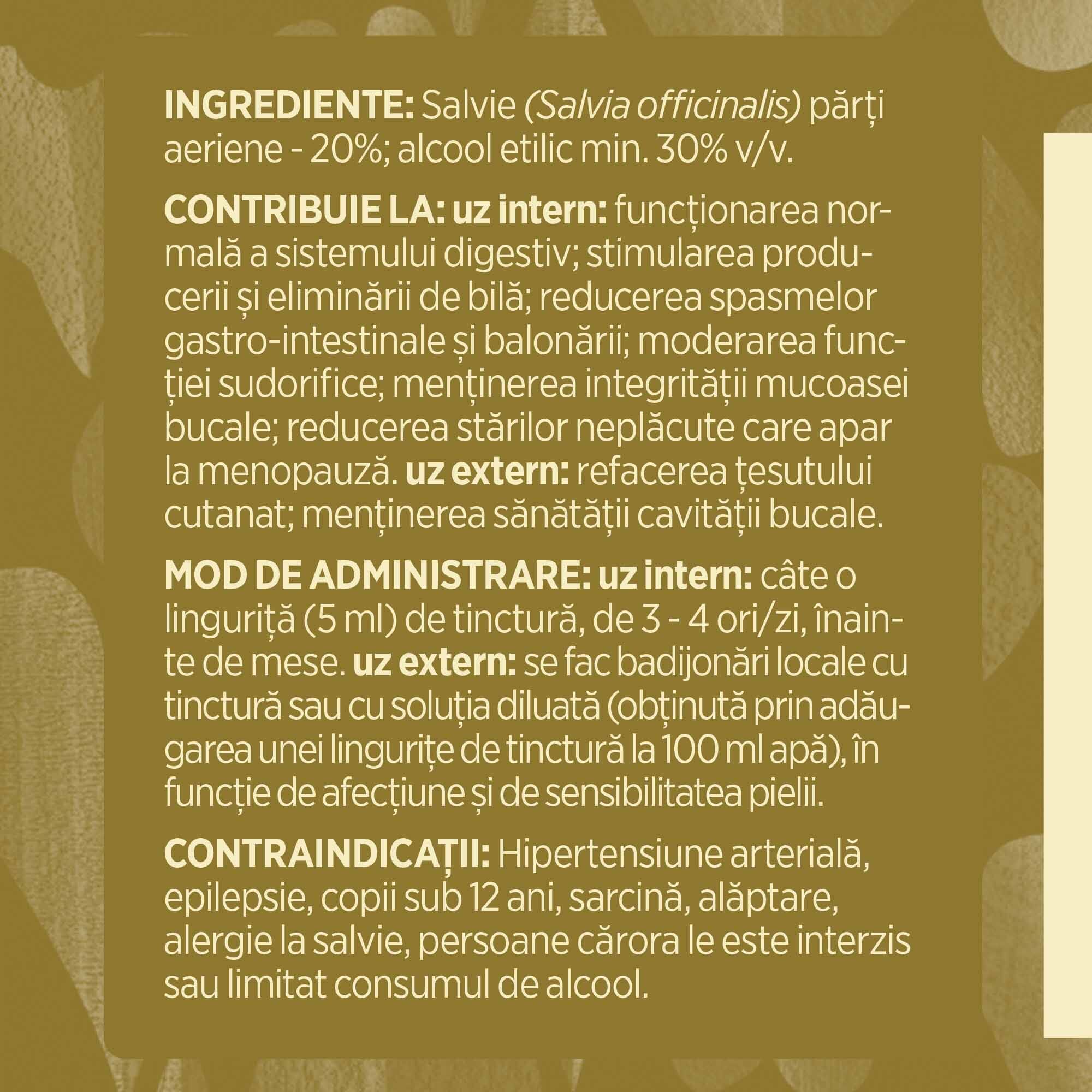 Eticheta desfășurată stânga cu ingredientele Tincturii Salviei 200 ml de la Faunus Plant, ingrediente, proprietăți, recomandări, mod de administrare, atenționări și contraindicații.