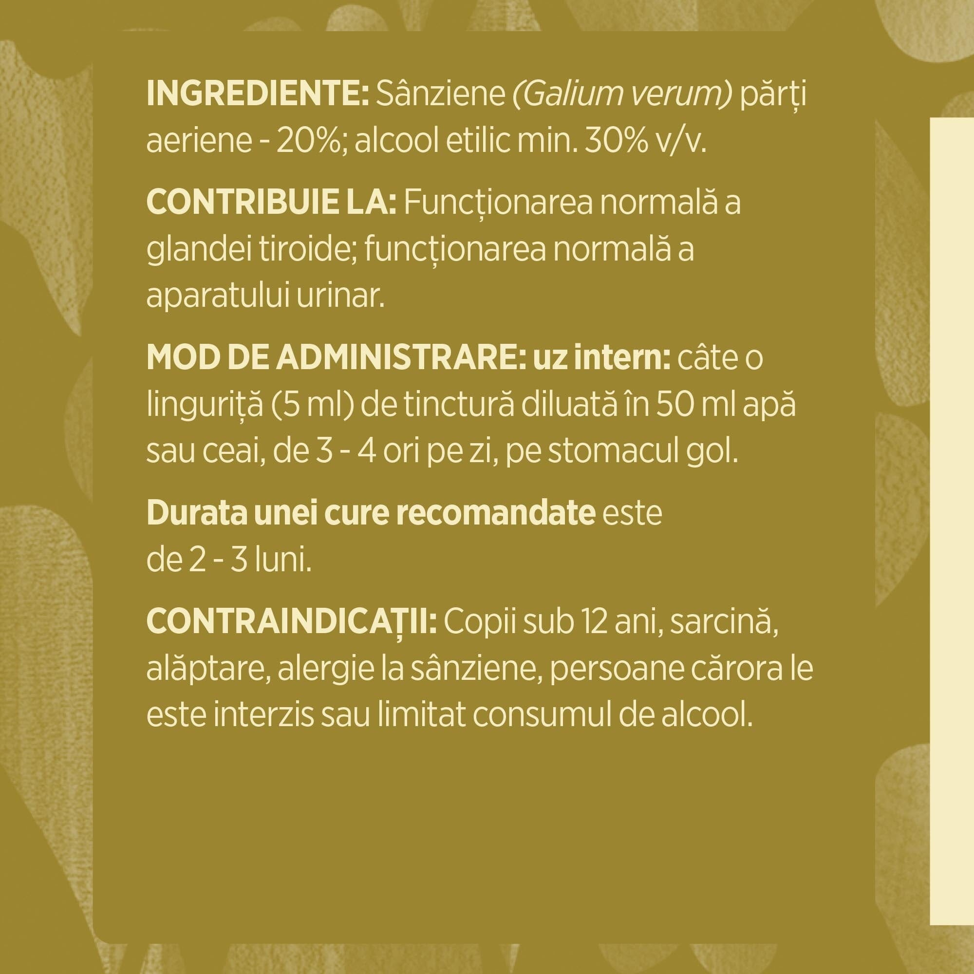 Eticheta desfășurată stânga cu ingredientele Tincturii Sânzienei 500 ml de la Faunus Plant, ingrediente, proprietăți, recomandări, mod de administrare, atenționări și contraindicații.