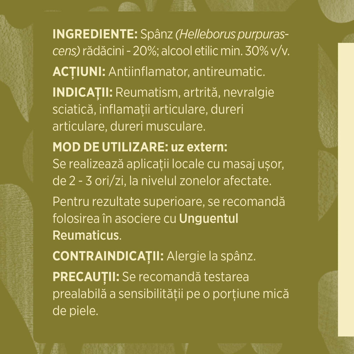Etichetă desfășurată lateral stânga Tinctură Spânz 200ml care prezintă informații legate de ingredientele din compoziție, acțiuni, indicații, modul de administrare, respectiv contraindicațiile și precauțiile.