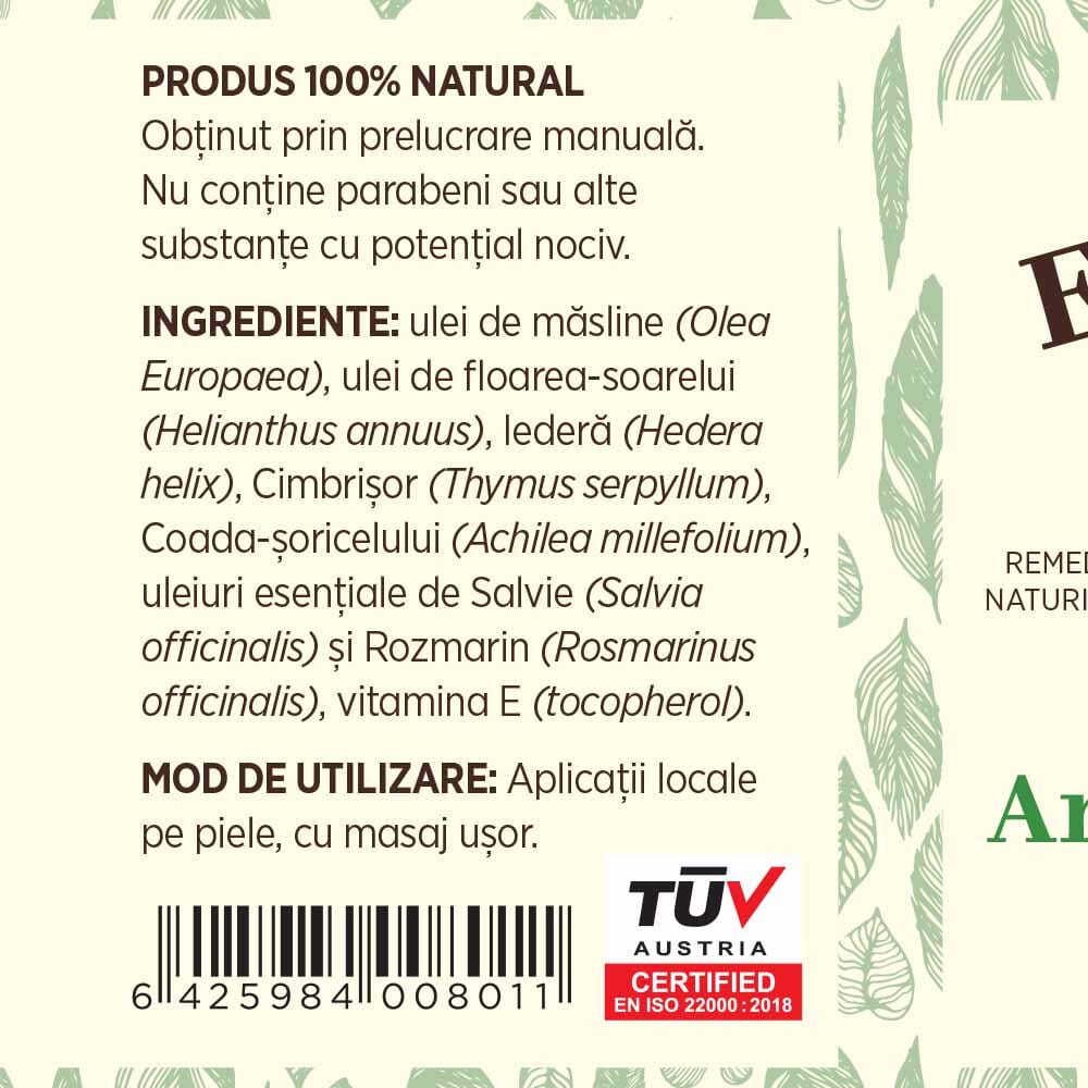 Etichetă desfășurată Ulei Masaj Anticelulitic de la Faunus Plant, ce detaliază lista de ingrediente și modul de utilizare: aplicare locală cu masaj ușor.