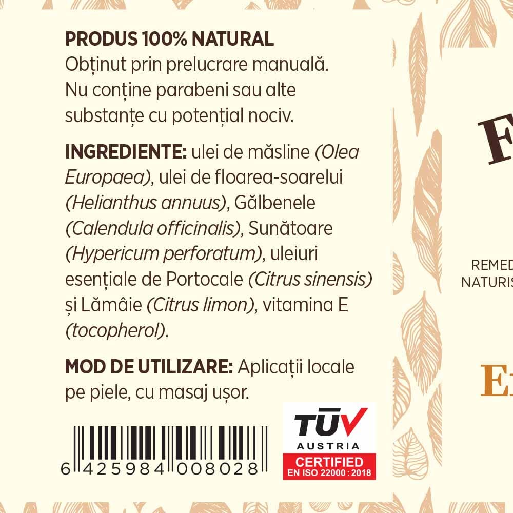 Etichetă desfășurată Ulei Masaj Energizant de la Faunus Plant, ce include lista completă de ingrediente și mod de utilizare: aplicare locală prin masaj ușor pentru revitalizare și hidratare.