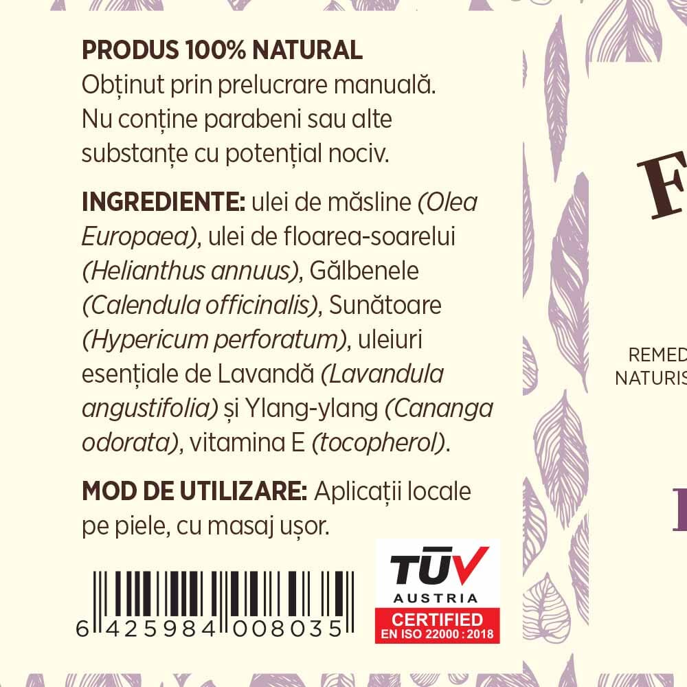 Eticheta desfășurată a Uleiului Masaj Relaxant de la Faunus Plant, prezentând lista completă de ingrediente și modul de utilizare: aplicare locală pe piele, cu masaj ușor.