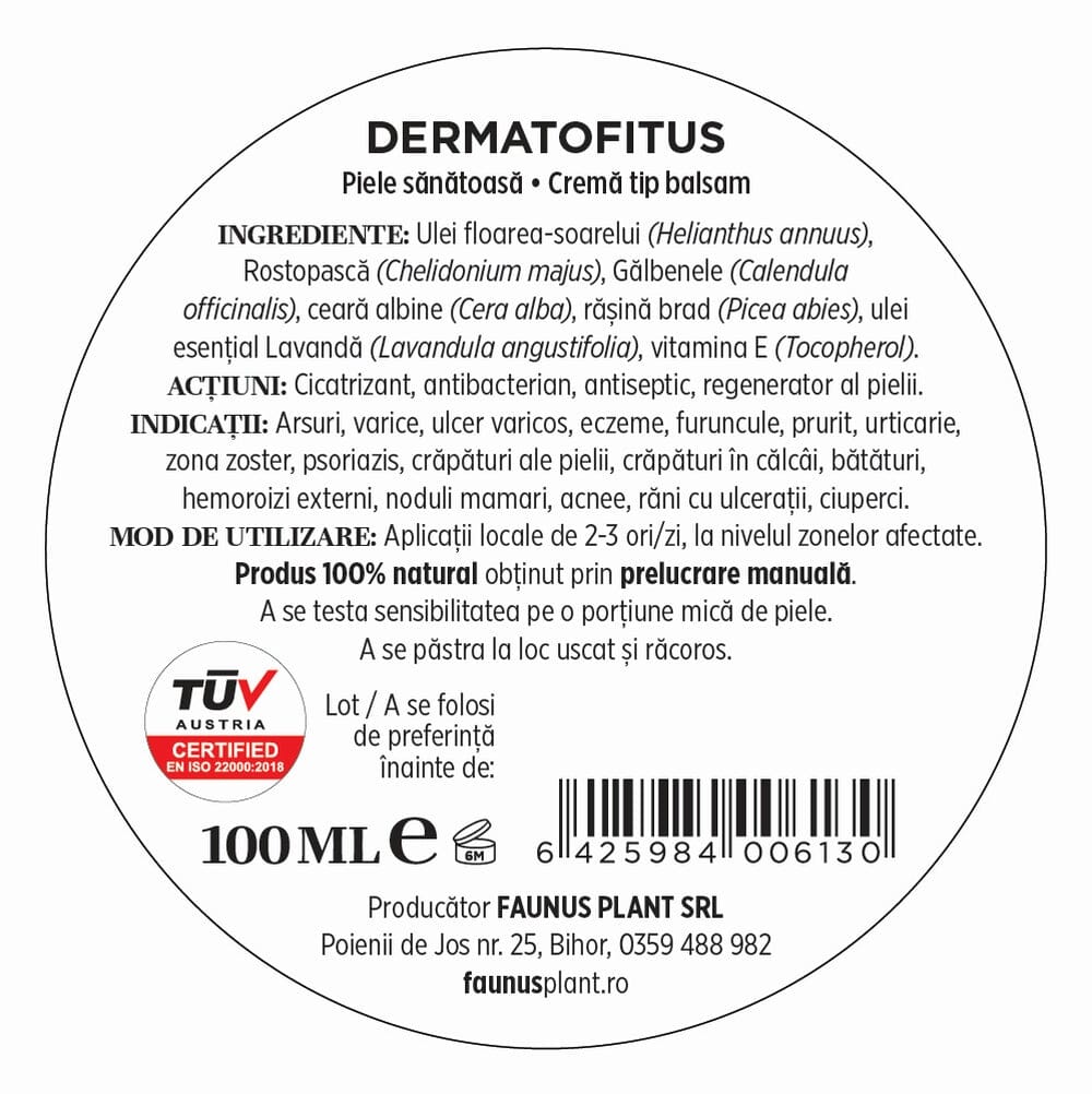 Dermatofitus - Cremă tip balsam 100ml. Extract din plante medicinale cu ceară de albine și rășină de brad pentru piele, cu efect cicatrizant Unguent Faunus Plant