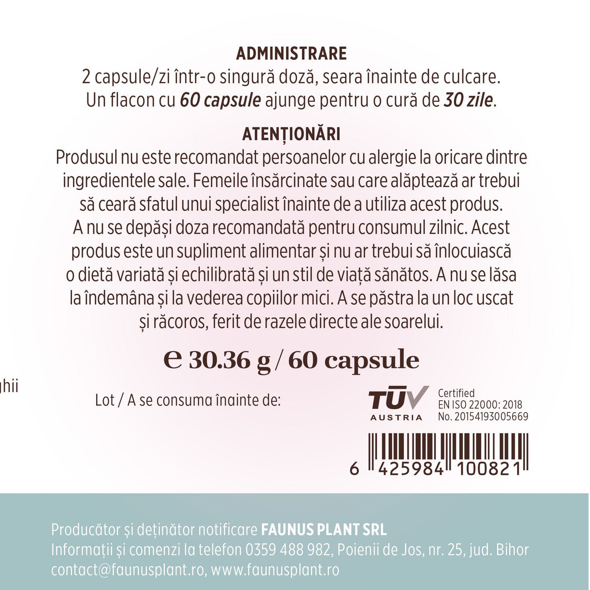 Etichetă desfășurată pentru Colagenus Capsule de la Faunus Plant, cu text referitor la administrare, atenționări. Sunt vizibile codul de bare, cantitate, logo certificare TUV Austria și detalii despre producător.