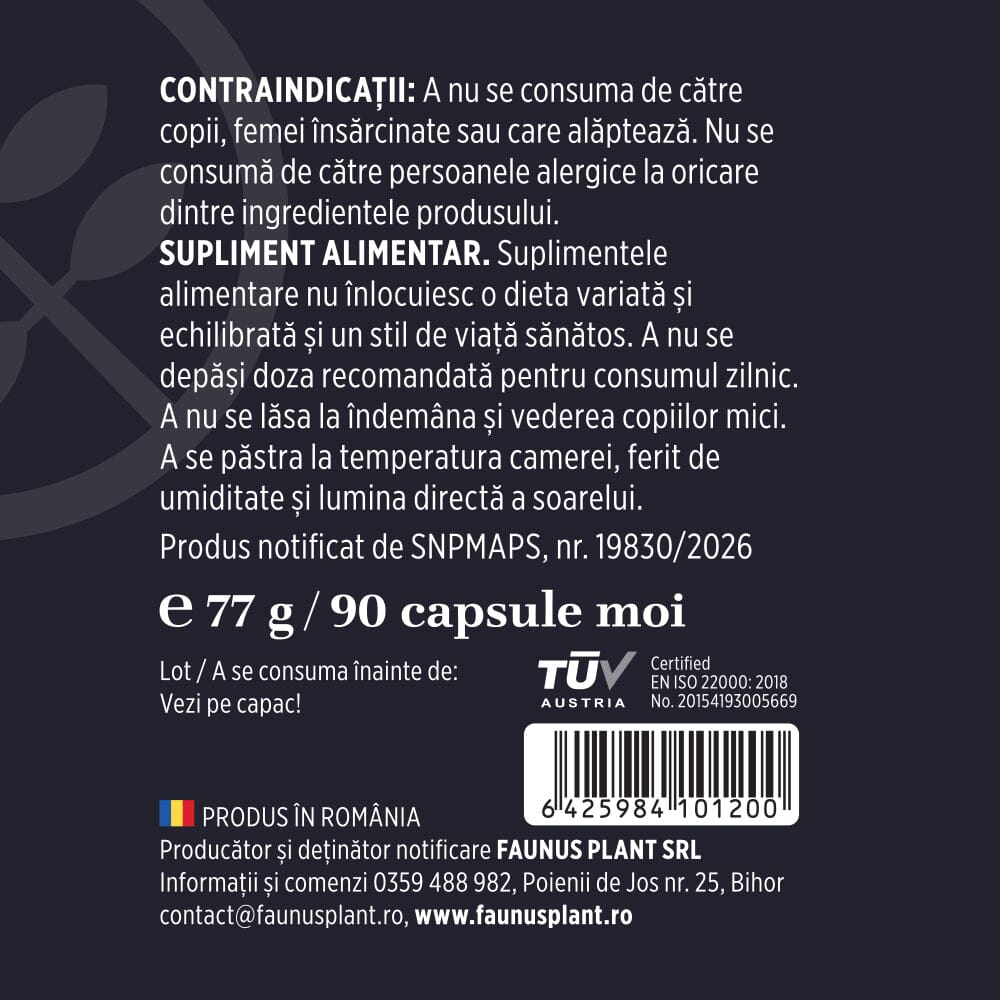 Etichetă desfășurată capsule Chimen Negru de la Faunus Plant, cu cantitate și detalii despre producător, contraindicații, cod de bare și logo TUV Austria.