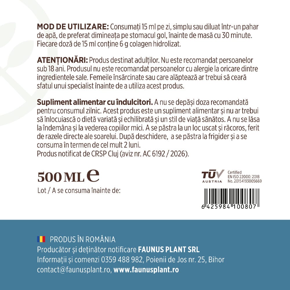 Colagenus Articulații - Colagen lichid. Flacon 500ml. Susține sănătatea articulațiilor, mușchilor și ligamentelor. Reduce durerile reumatice Supliment alimentar Faunus Plant