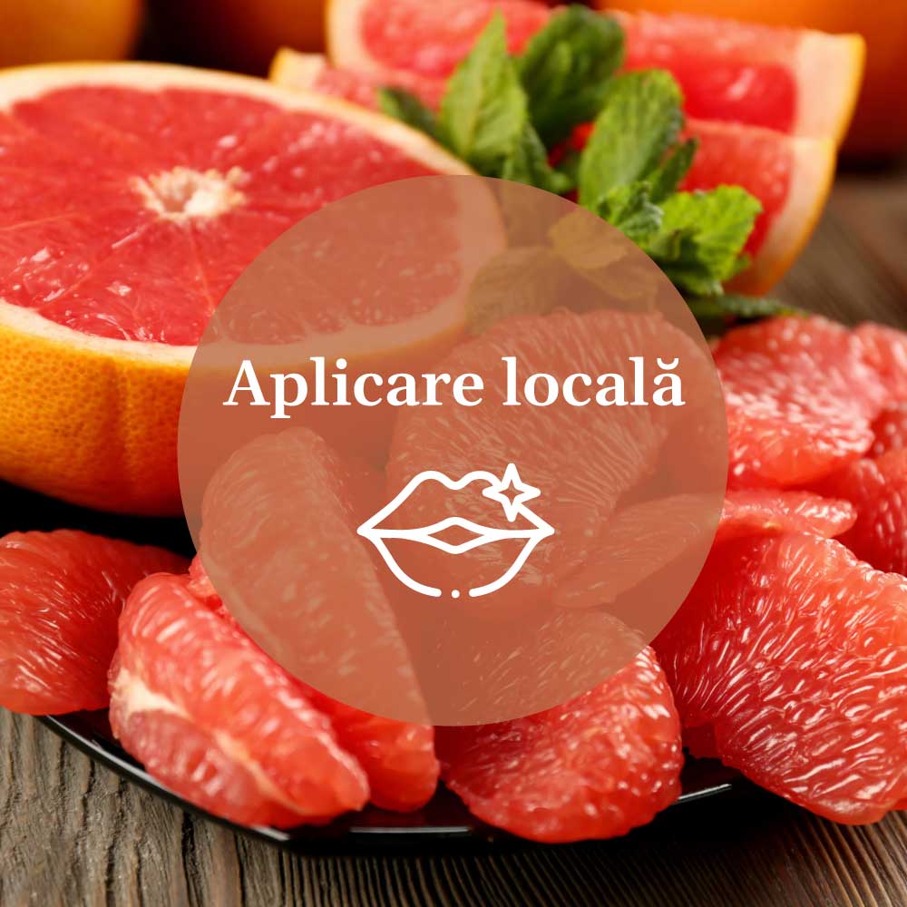 Element grafic pentru aplicarea Balsamului de Buze Grapefruit de la Faunus Plant, cu textul ‘Aplicare locală’ și ilustrație grafică cu buze pe fundalul unei imagini cu bucăți de grapefruit