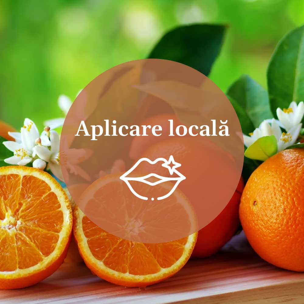 Element grafic pentru aplicarea Balsamului de Buze cu Portocală de la Faunus Plant, cu textul ‘Aplicare locală’ și ilustrație grafică cu buze pe fundalul unei imagini cu portocale.