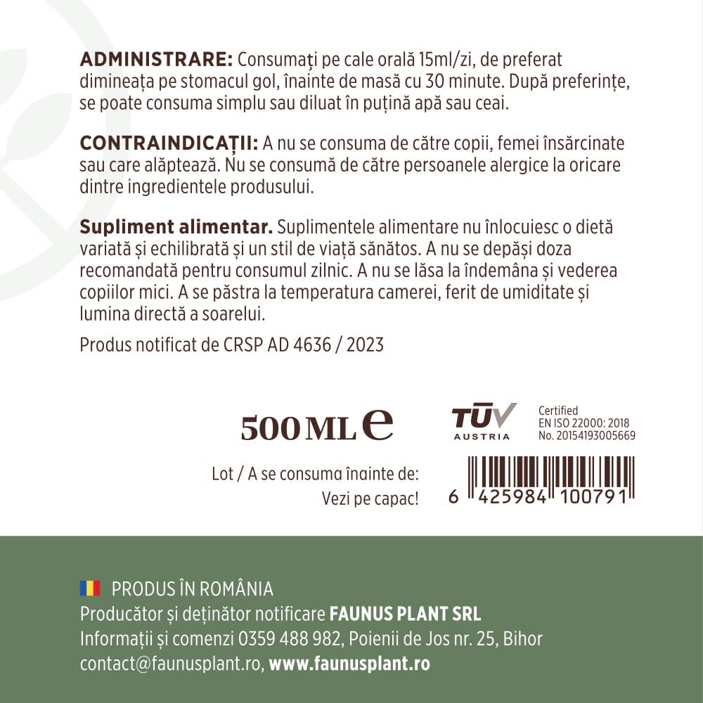 Colagenus - Colagen lichid hidrolizat. Flacon 500ml. Susține sănătatea articulațiilor, pielii, părului și unghiilor Supliment alimentar Faunus Plant