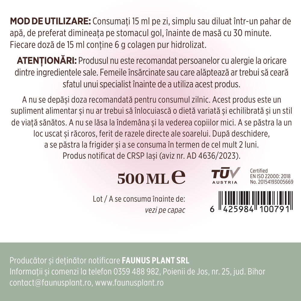 Etichetă cu mod de utilizare, atenționări și condiții de depozitare detaliate pentru Colagenus 500ml de la Faunus Plant