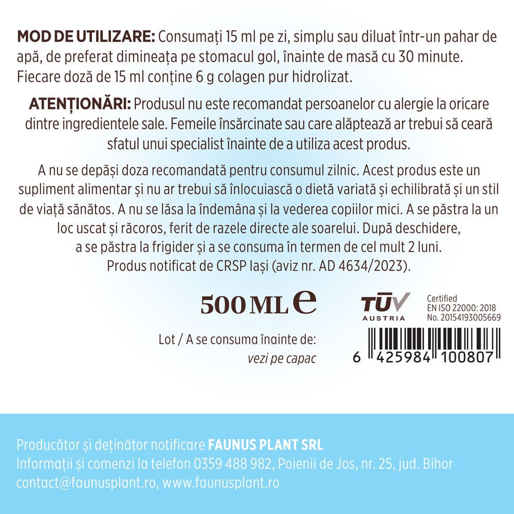 Colagenus Articulații - Colagen lichid. Flacon 500ml. Susține sănătatea articulațiilor, mușchilor și ligamentelor. Reduce durerile reumatice Supliment alimentar Faunus Plant