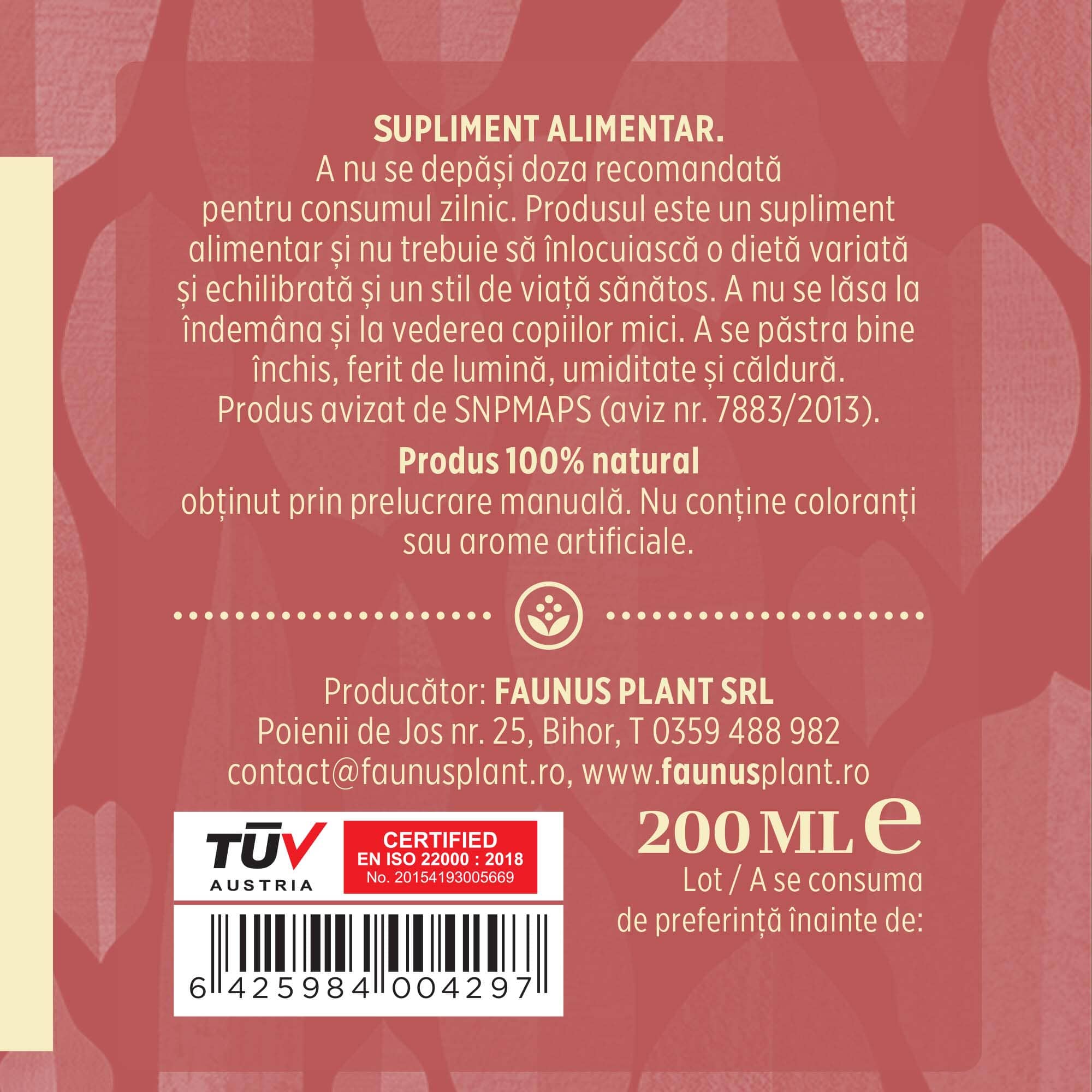 Etichetă desfășurată lateral dreapta Tinctură Siluetus 200ml oferă recomandări de utilizare, descrie condițiile de păstrare, spune că produsul este natural, e fabricat manual și are certificare TUV. Oferă detalii despre producător, cod de bare, respectiv cantitate.