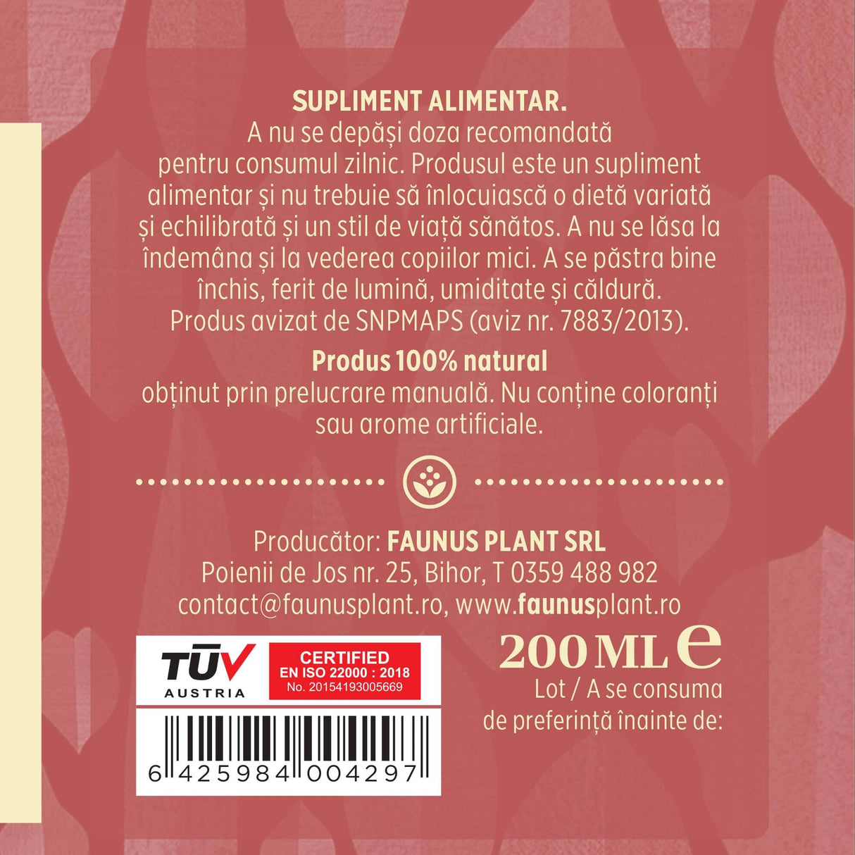 Etichetă desfășurată lateral dreapta Tinctură Siluetus 200ml oferă recomandări de utilizare, descrie condițiile de păstrare, spune că produsul este natural, e fabricat manual și are certificare TUV. Oferă detalii despre producător, cod de bare, respectiv cantitate.