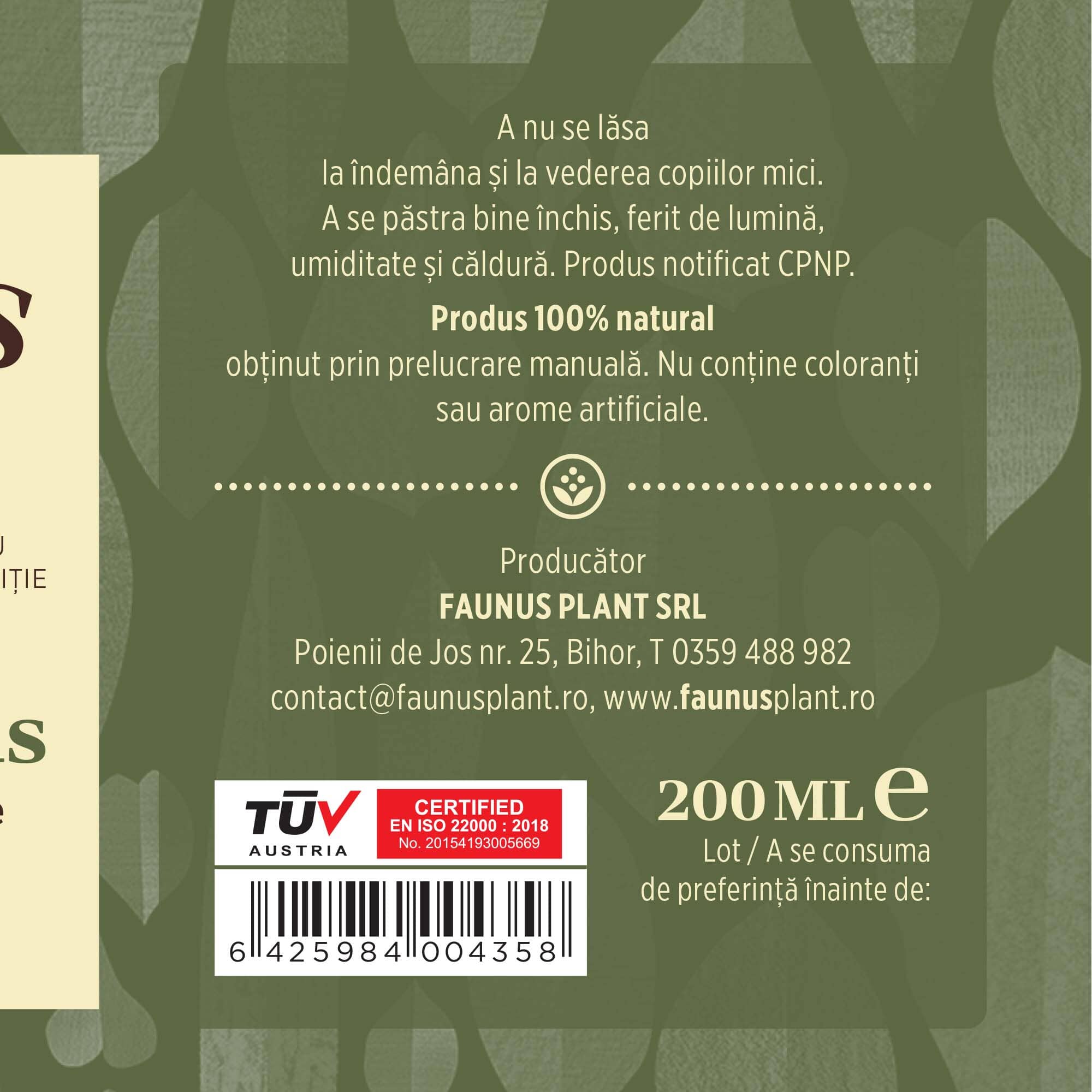 Etichetă laterală a flaconului de Loțiune Reumaticus de la Faunus Plant, prezentând date despre producător, certificare TUV și cantitatea de 200 ml.