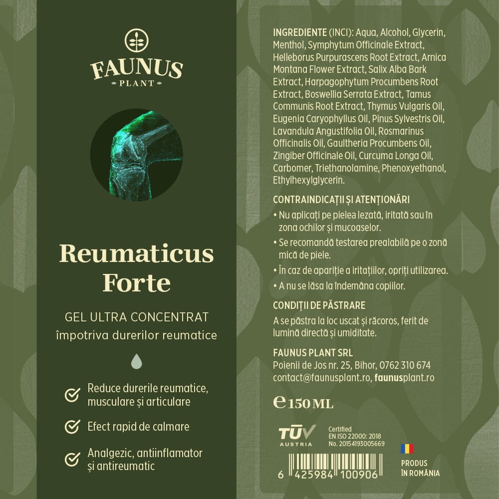Etichetă desfășurată pentru Gel Reumaticus Forte de la Faunus Plant, cu logo, imagine cu o articulație, listă completă de ingrediente, contraindicații și atenționări, condiții de păstrare, detalii despre producător, cantitate, cod de bare și certificări.