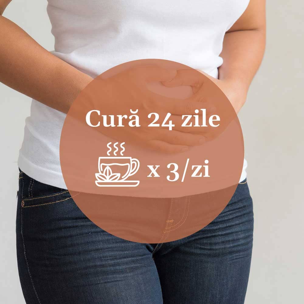 Element grafic circular cu instrucțiuni de administrare pentru Ceai Gastric 180g de la Faunus Plant, pentru o cură de 24 de zile, de 3 ori pe zi, având pe fundal o imagine cu o femeie care simulează durerea de stomac.