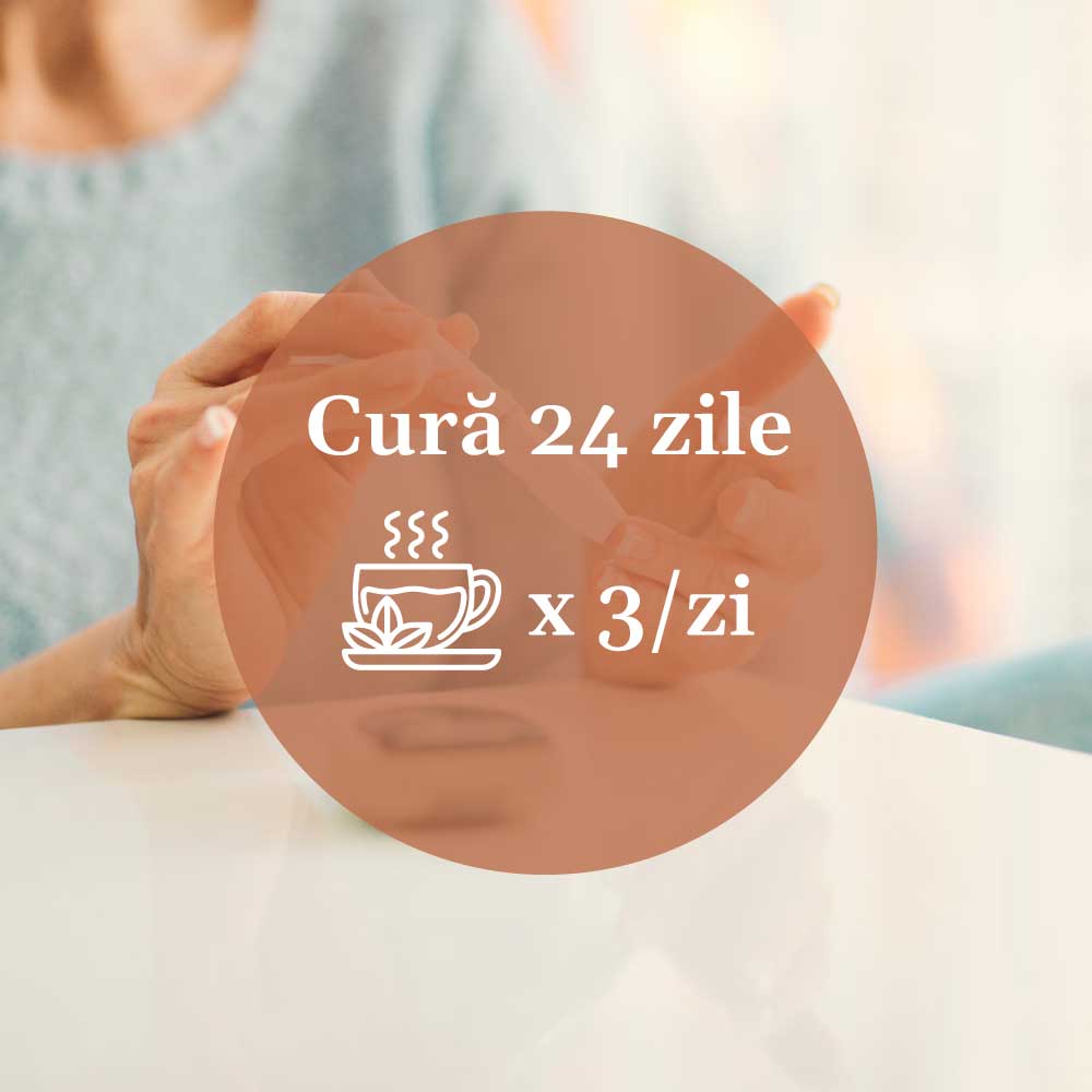 Element grafic circular cu instrucțiuni de administrare pentru Ceai Glicemie Normala 180g de la Faunus Plant, pentru o cură de 24 de zile, de 3 ori pe zi, având pe fundal imagine cu o femeie la o masă albă care face testul de glicemie.