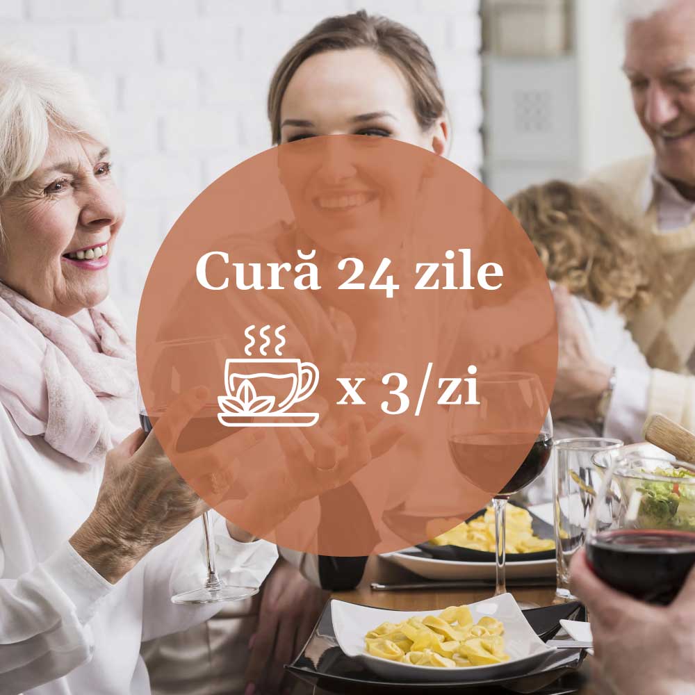 Element grafic circular cu instrucțiuni de administrare pentru Ceai Hepatobiliar 180g de la Faunus Plant, pentru o cură de 24 de zile, de 3 ori pe zi, având pe fundal o imagine cu o masă în familie.