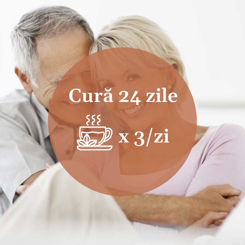 Element grafic circular cu instrucțiuni de administrare pentru Ceai Prostată 180g de la Faunus Plant, pentru o cură de 24 de zile, de 3 ori pe zi, având pe fundal o imagine cu un cuplu fericit alcătuit dintr-un bărbat și o femeie.