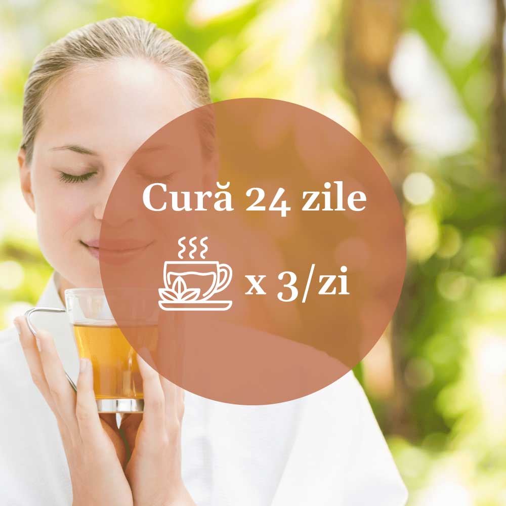 Element grafic circular cu instrucțiuni de administrare pentru Ceai Renal de la Faunus Plant, pentru o cură de 24 de zile, de 3 ori pe zi, având pe fundal o imagine cu o femeie în natură care savurează o cană de ceai