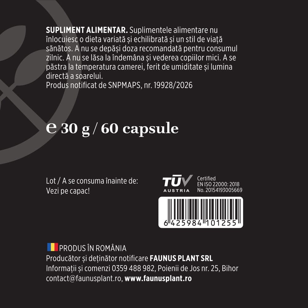 Nucă Neagră – Extract Standardizat 400 mg pentru echilibru intestinal și confort digestiv. Etichetă curată. Flacon 60 capsule Supliment alimentar Faunus Plant