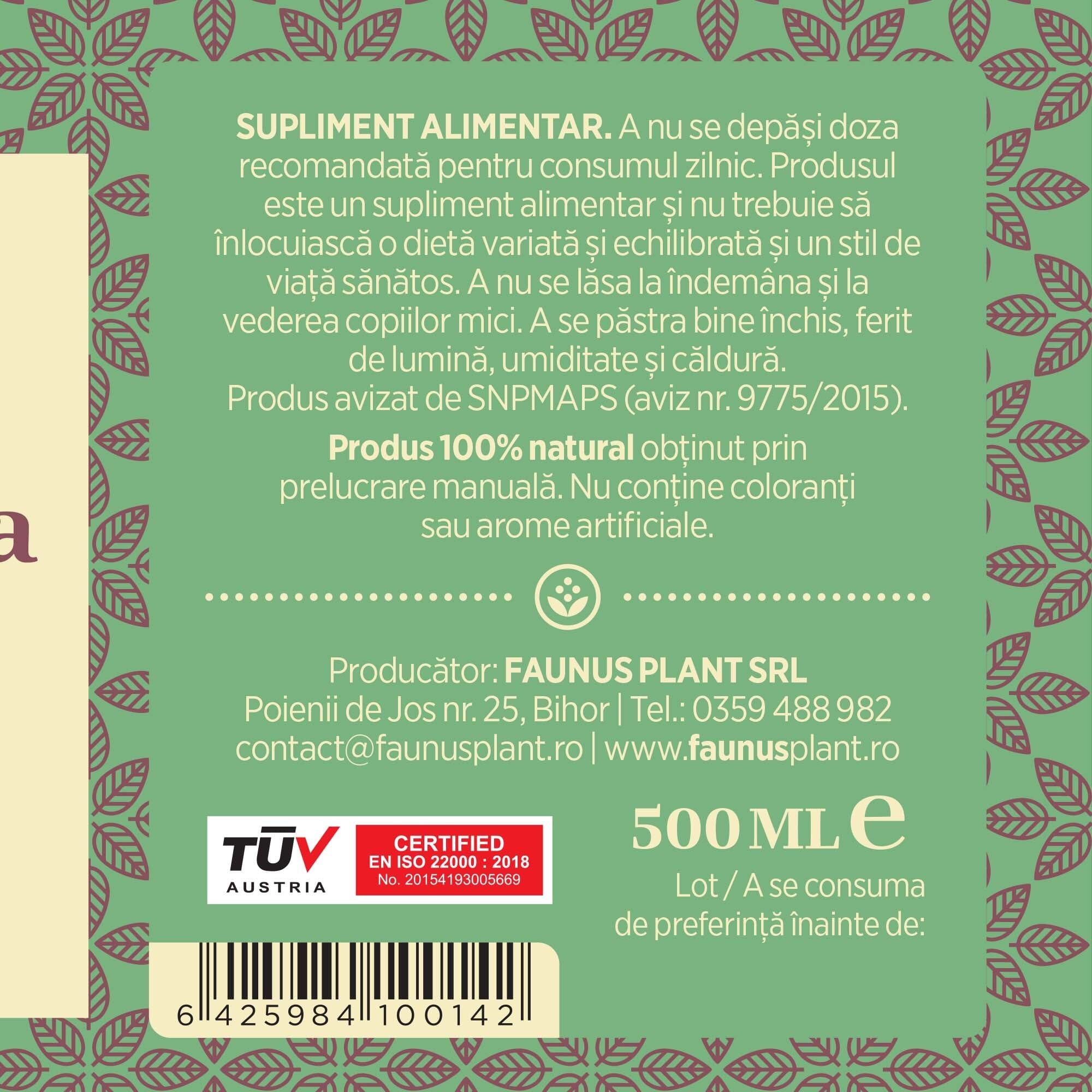 Eticheta lateral dreapta desfășurată pentru Sirop Echinacea 500 ml de la Faunus Plant care afișează condiții de păstrare, faptul că produsul este natural și fabricat manual, detalii producător, cod de bare, cantitate și logo certificare TUV Austria.