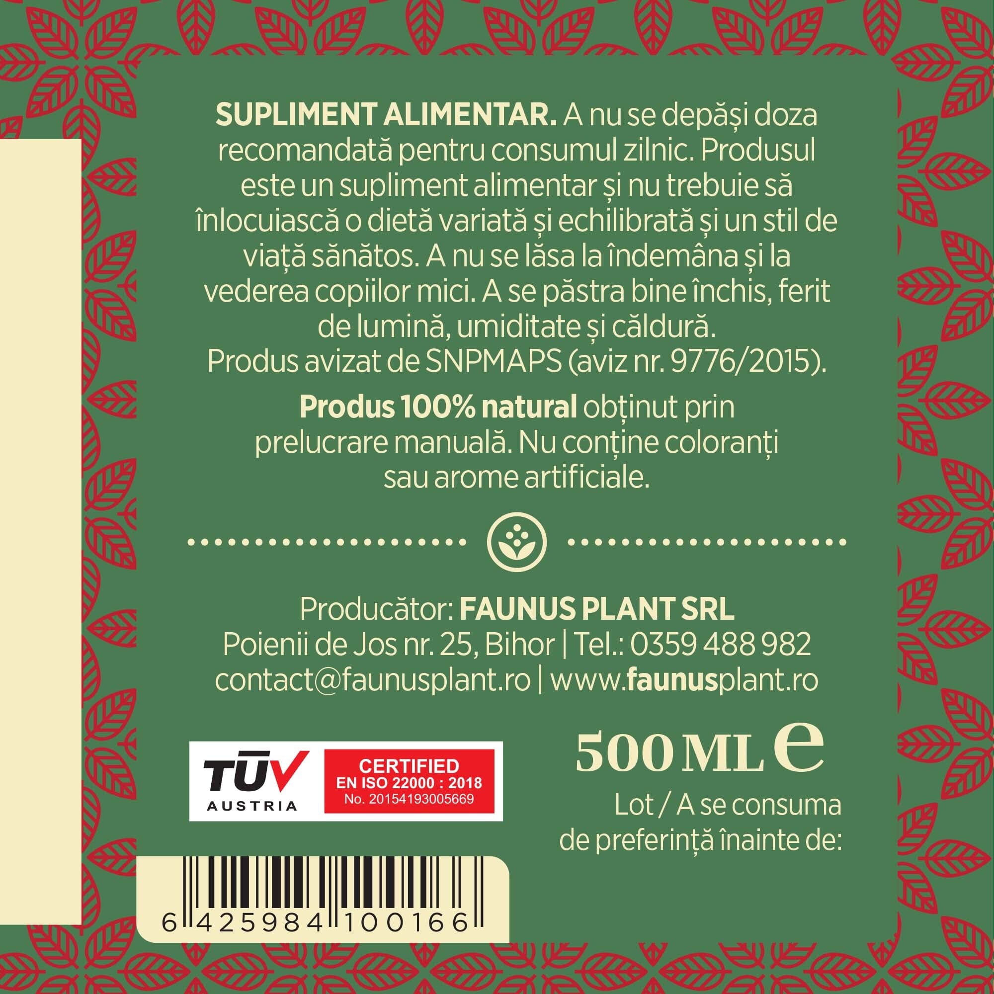 Etichetă desfășurată pentru Sirop Măceșe 500 ml care oferă recomandări și precauții și sublinează faptul că produsul are certificare TUV Austria, apare logo-ul, un cod de bare și termenul de valabilitate.