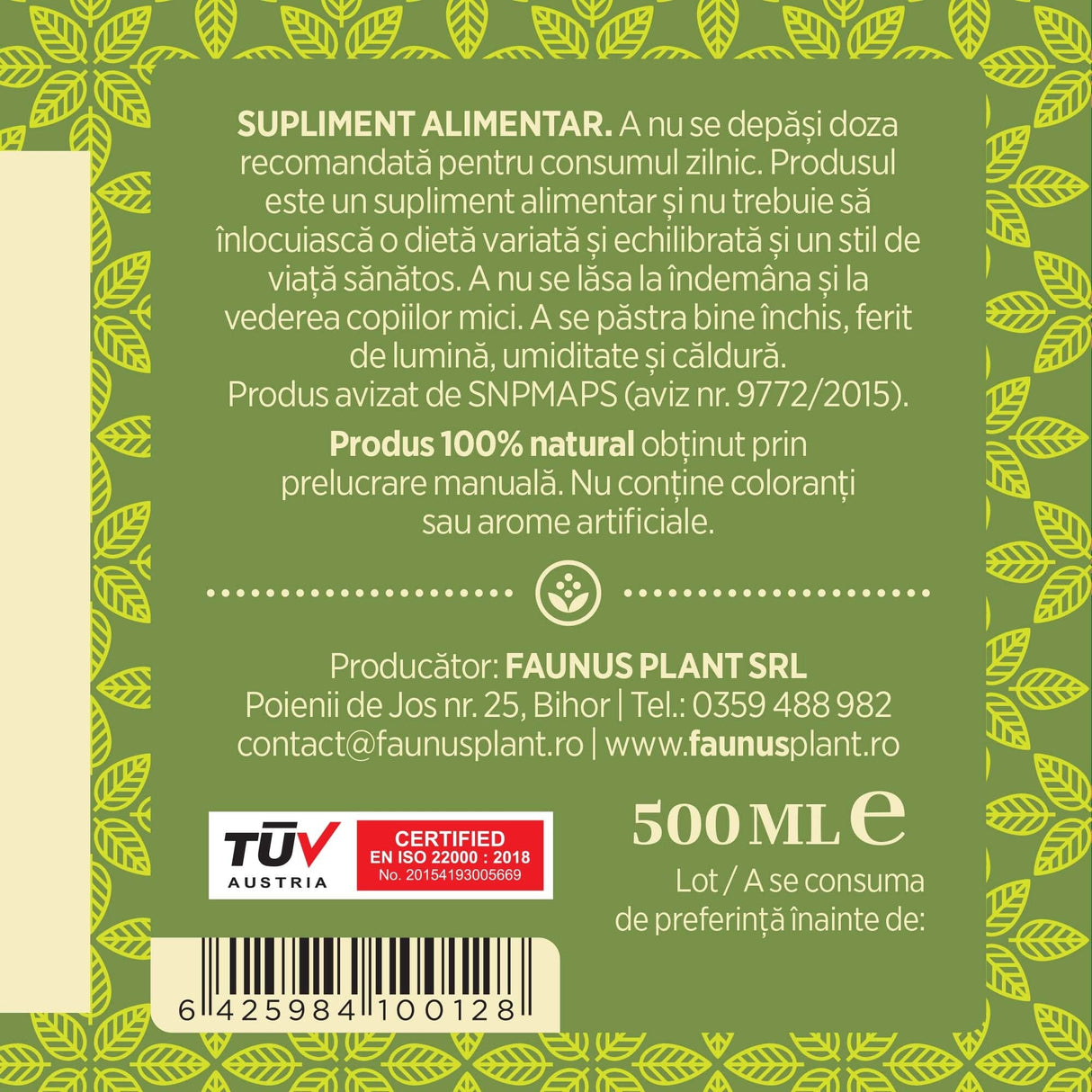 Etichetă desfășurată pentru Sirop Pin 500ml care oferă recomandări și precauții și sublinează faptul că produsul are certificare TUV Austria, apare logo-ul, un cod de bare și termenul de valabilitate.