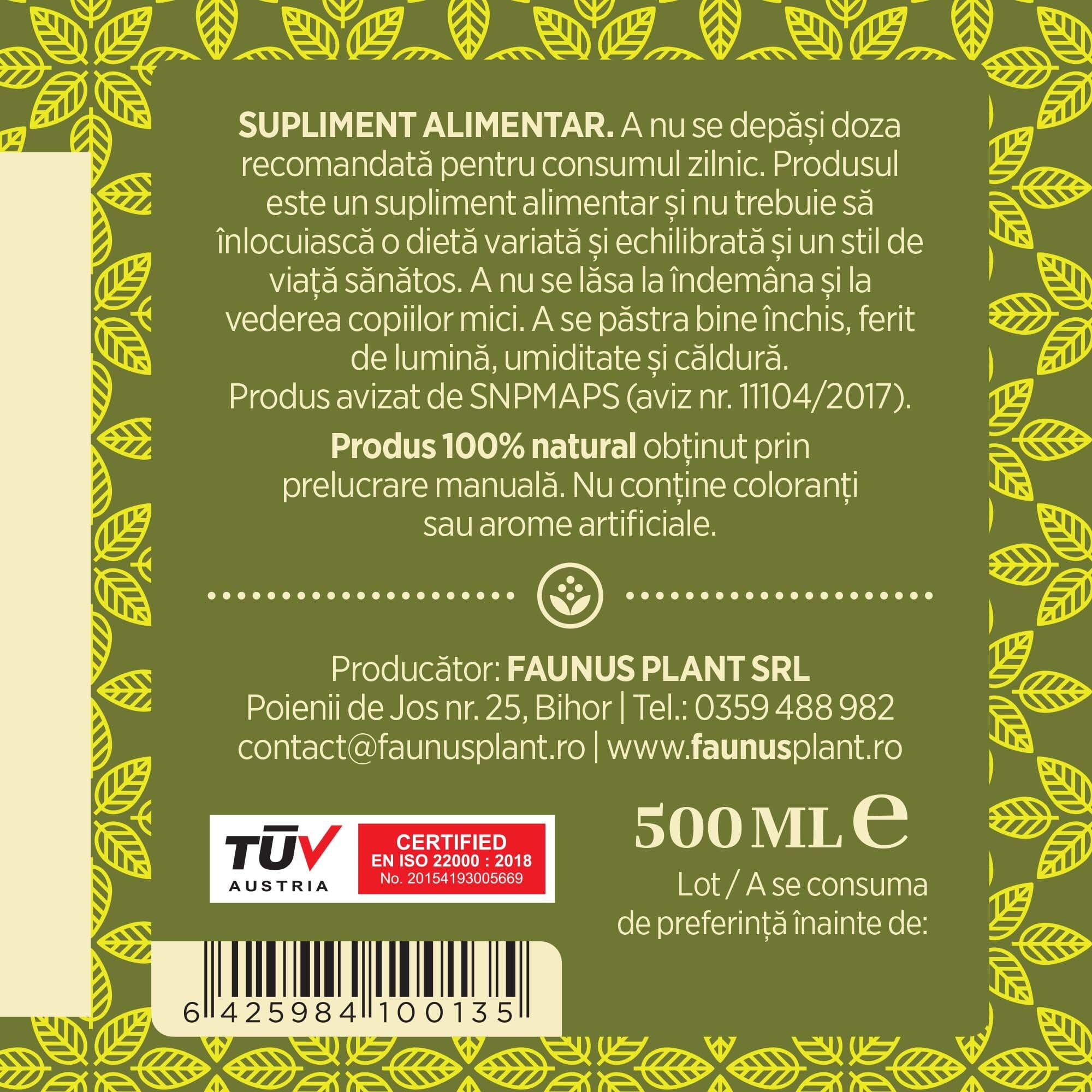 Etichetă dreapta desfășurată pentru Sirop Soc 500ml care oferă recomandări și precauții și sublinează faptul că produsul are certificare TUV Austria, apare logo-ul, un cod de bare și termenul de valabilitate.