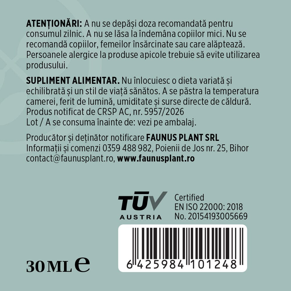 Respiratorus Gât Liniștit – Spray de gât pentru adulți cu propolis, miere și plante. Efect calmant și hidratant. Flacon 30 ml Sprayuri Faunus Plant