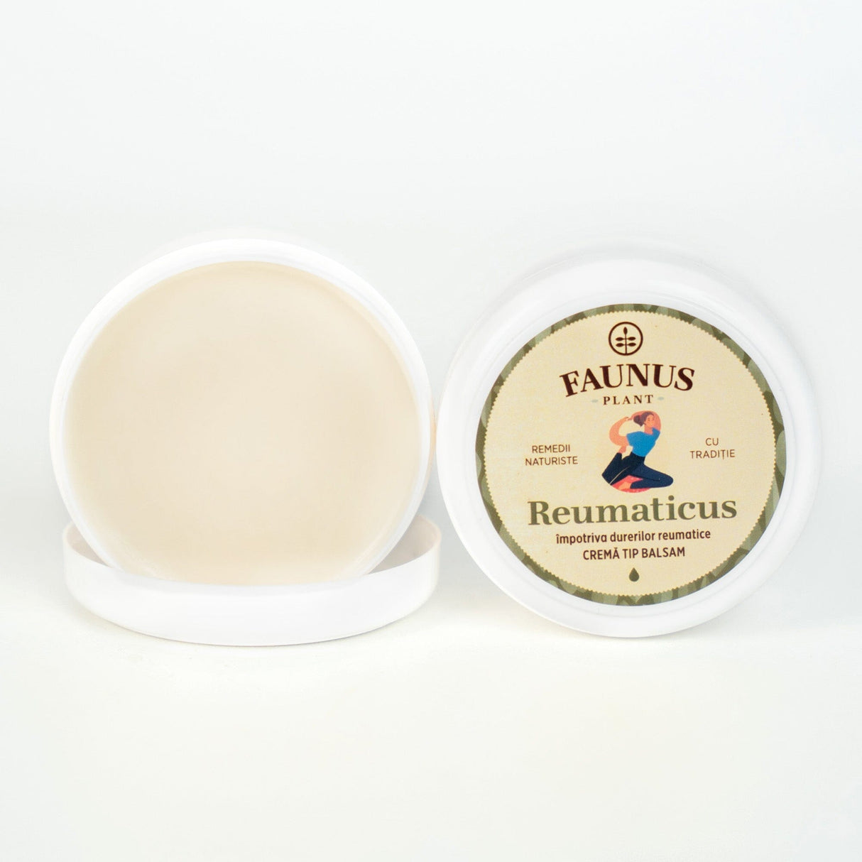 Imagine cu produsul desfăcut. Poză care cuprinde capacul și unguentul din recipient, amplasate pe fundal alb.