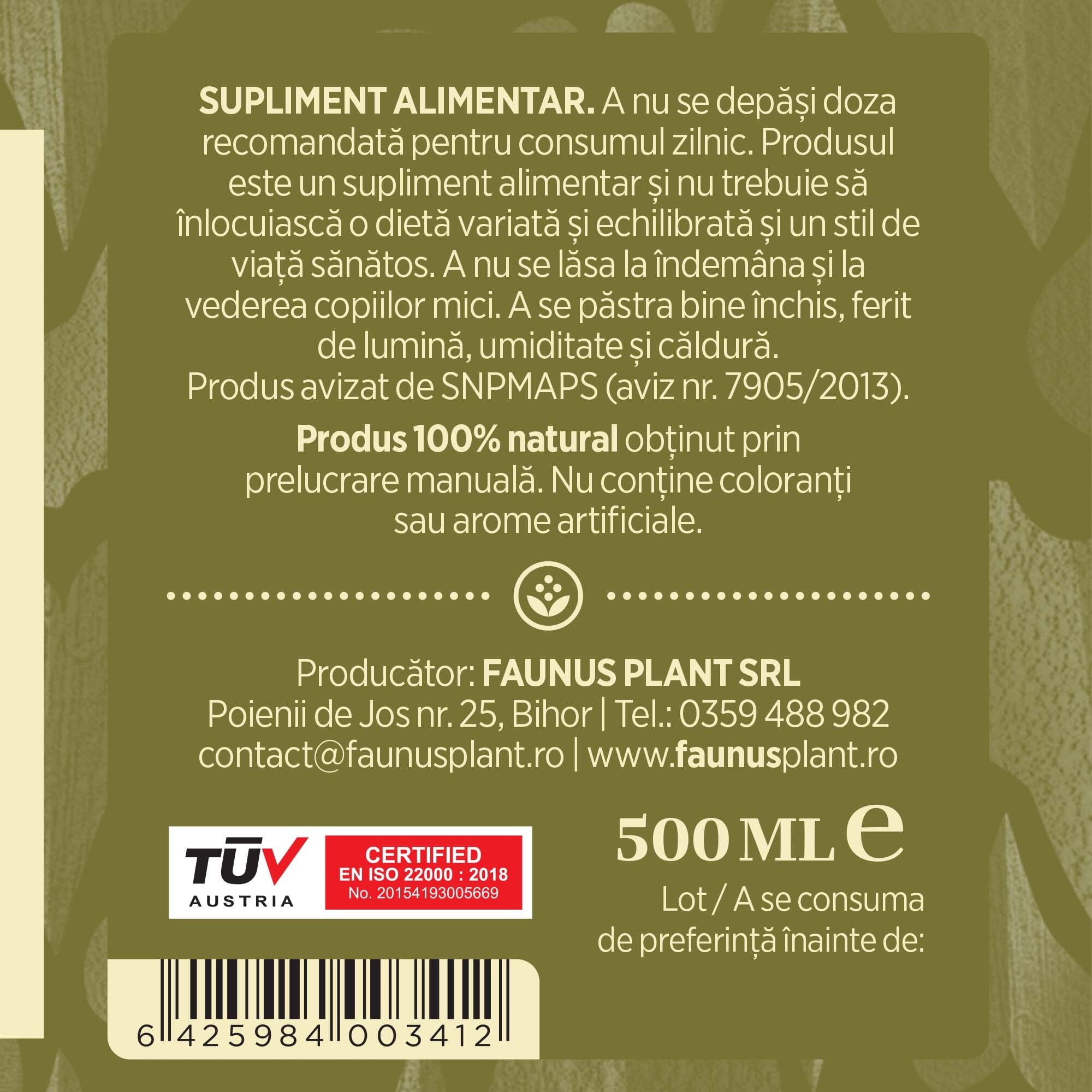 Etichetă dreapta desfășurată a tincturii de Afin 500 ml care oferă recomandări și precauții și sublinează faptul că produsul are certificare TUV Austria, apare logo-ul, un cod de bare și termenul de valabilitate