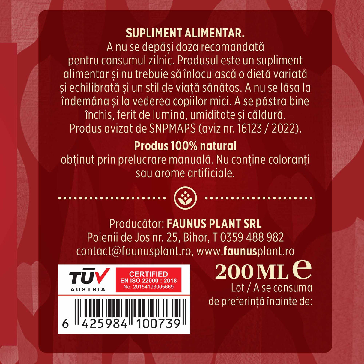 Etichetă dreapta desfășurată a tincturii Afrodisiacus 200 ml care oferă recomandări și precauții și sublinează faptul că produsul are certificare TUV Austria, apare logo-ul, un cod de bare și termenul de valabilitate