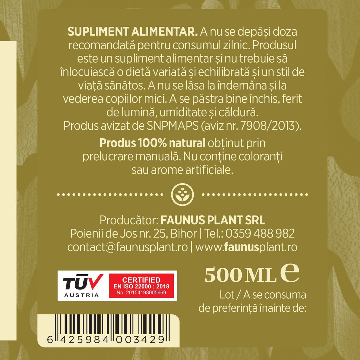 Etichetă dreapta desfășurată a tincturii Brânca Ursului 500 ml care oferă recomandări și precauții și sublinează faptul că produsul are certificare TUV Austria, apare logo-ul, un cod de bare și termenul de valabilitate