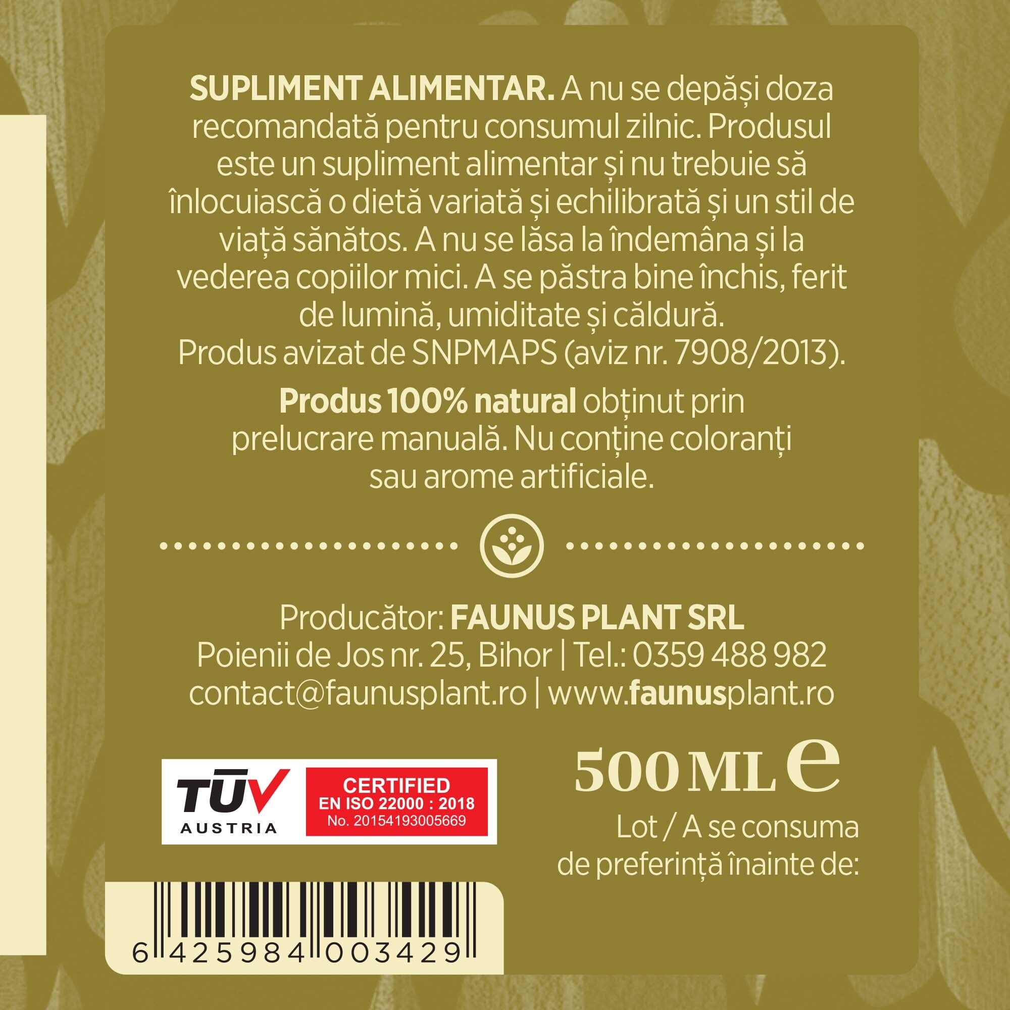 Etichetă dreapta desfășurată a tincturii Brânca Ursului 500 ml care oferă recomandări și precauții și sublinează faptul că produsul are certificare TUV Austria, apare logo-ul, un cod de bare și termenul de valabilitate