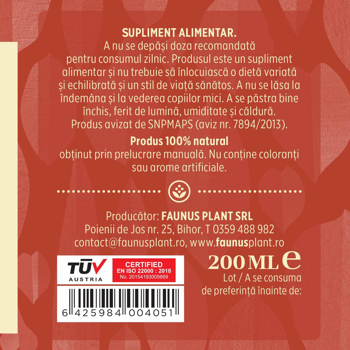 Etichetă dreapta desfășurată Tinctură Cardiacus 200 ml care oferă recomandări și precauții și sublinează faptul că produsul are certificare TUV Austria, apare logo-ul, un cod de bare și termenul de valabilitate