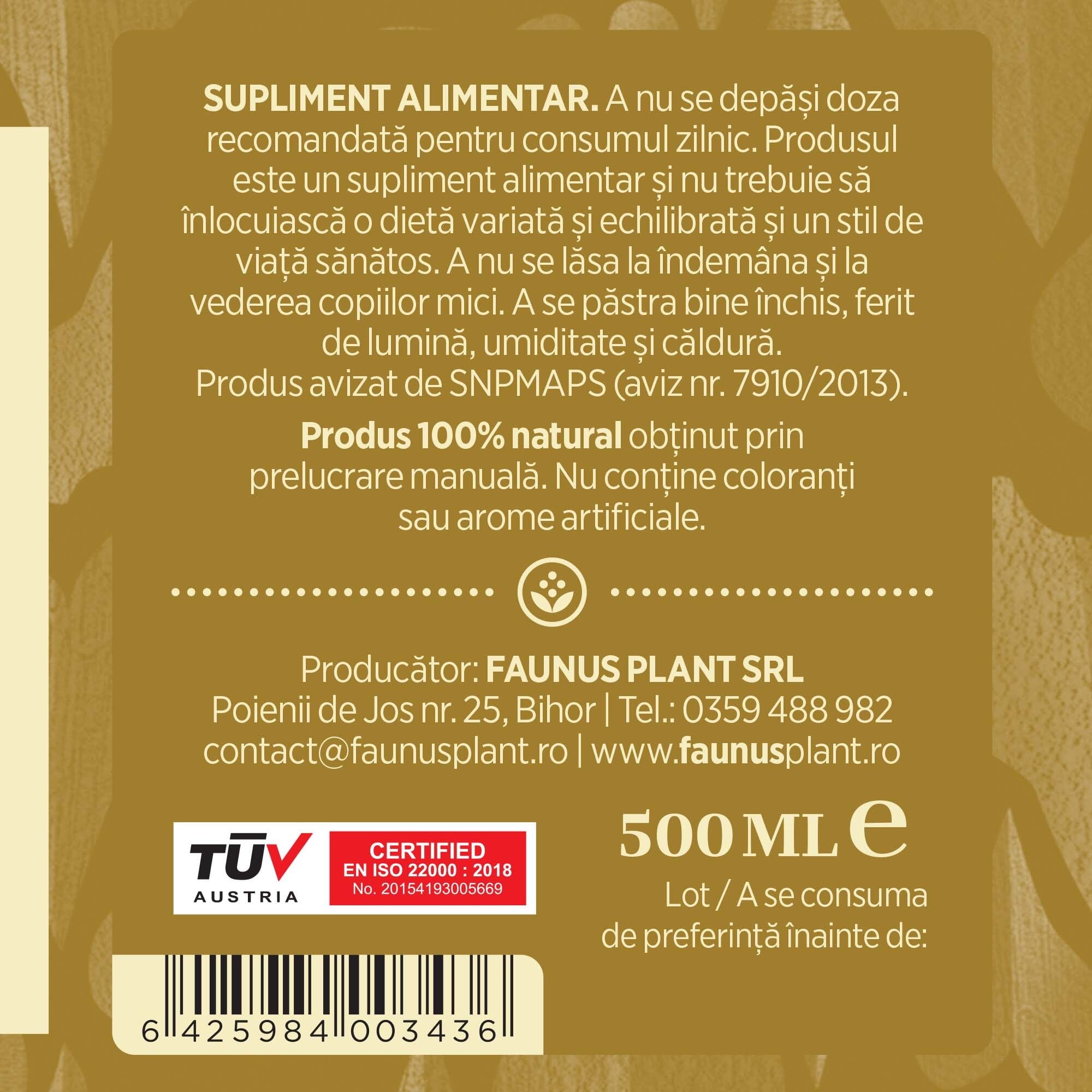 Etichetă dreapta desfășurată Tinctură Cătină 500 ml care oferă recomandări și precauții și sublinează faptul că produsul are certificare TUV Austria, apare logo-ul, un cod de bare și termenul de valabilitate
