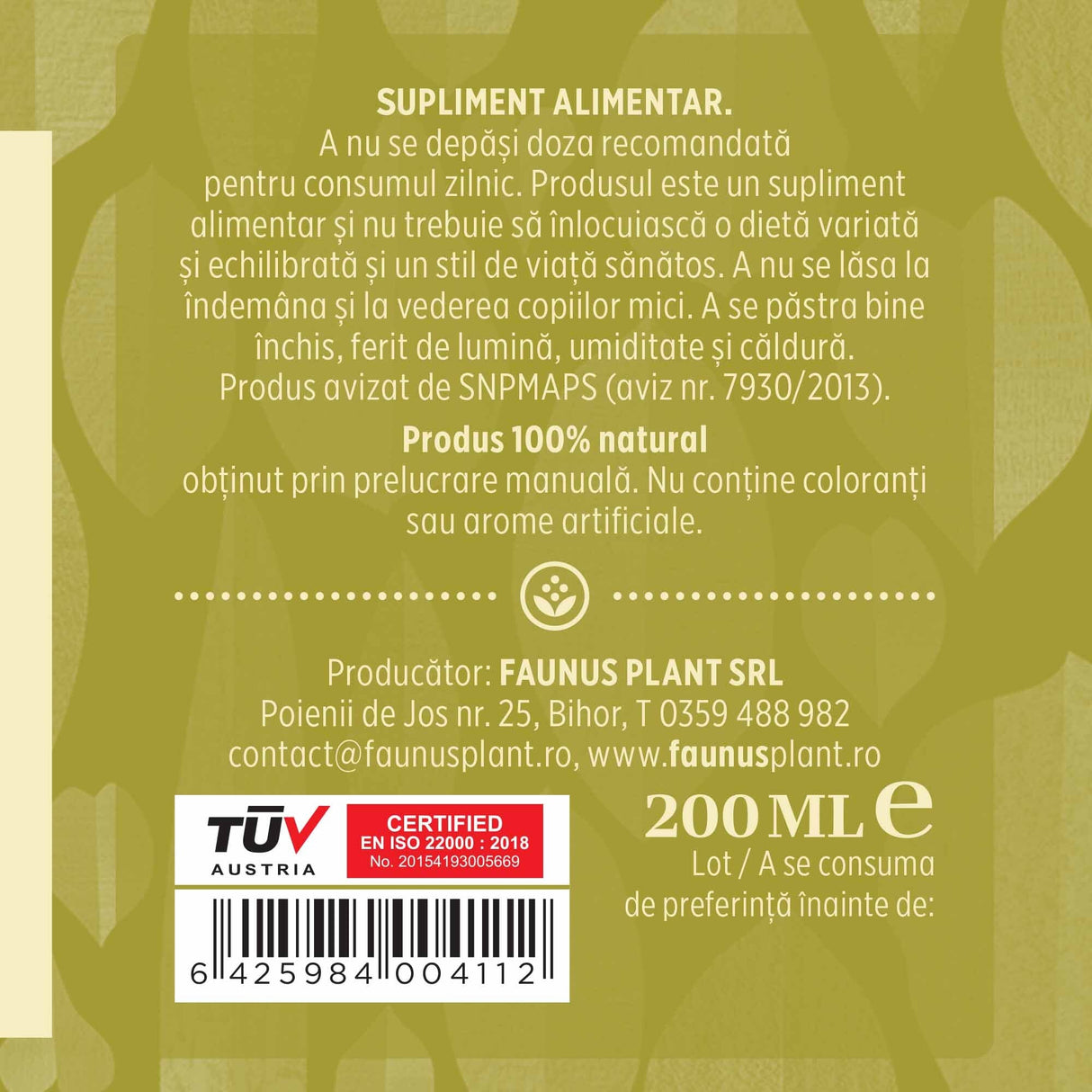 Etichetă dreapta desfășurată Tinctură Detoxifius 200 ml care oferă recomandări și precauții și sublinează faptul că produsul are certificare TUV Austria, apare logo-ul, un cod de bare și termenul de valabilitate