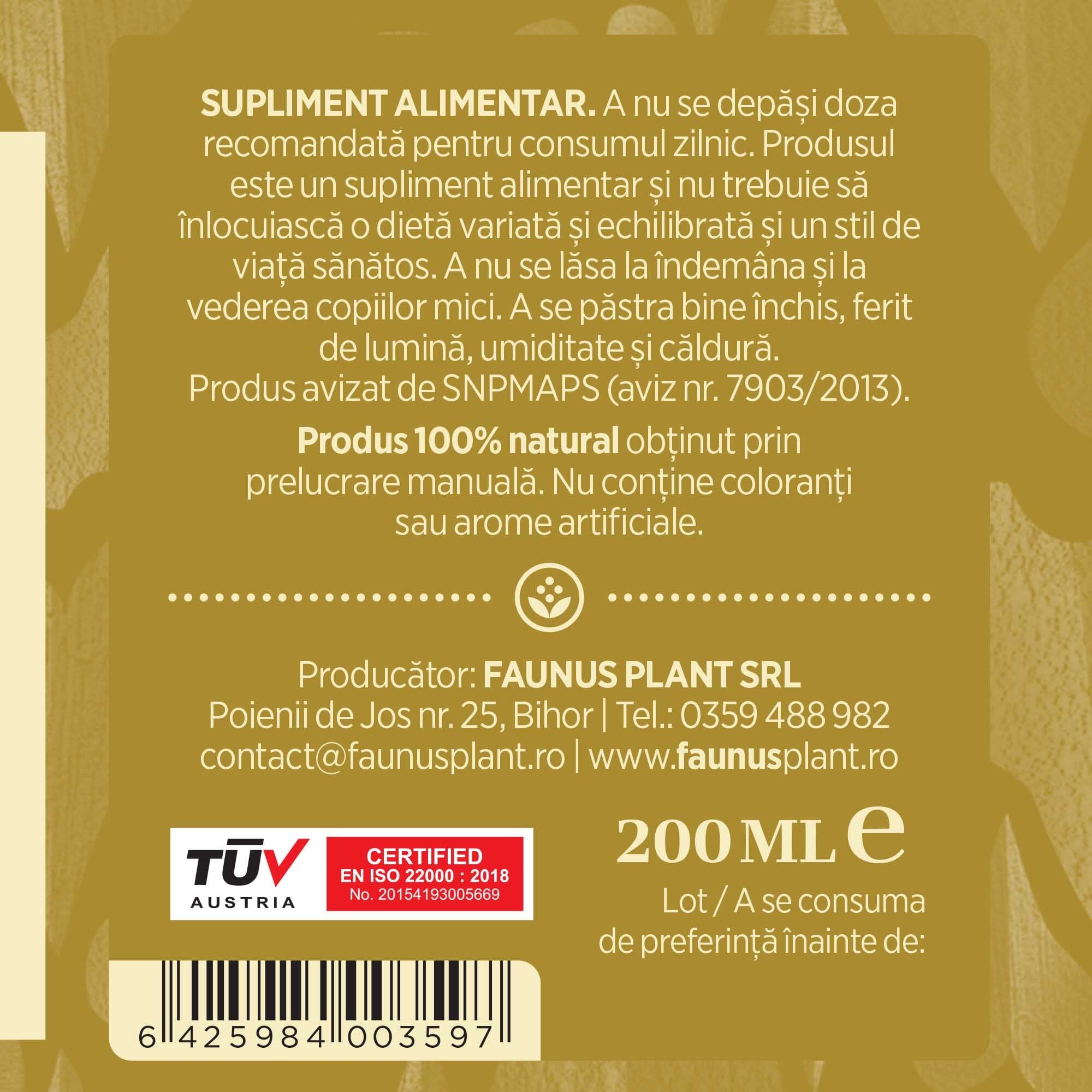 Etichetă dreapta desfășurată Tinctură Gălbenele 200 ml care oferă recomandări și precauții și sublinează faptul că produsul are certificare TUV Austria, apare logo-ul, un cod de bare și termenul de valabilitate