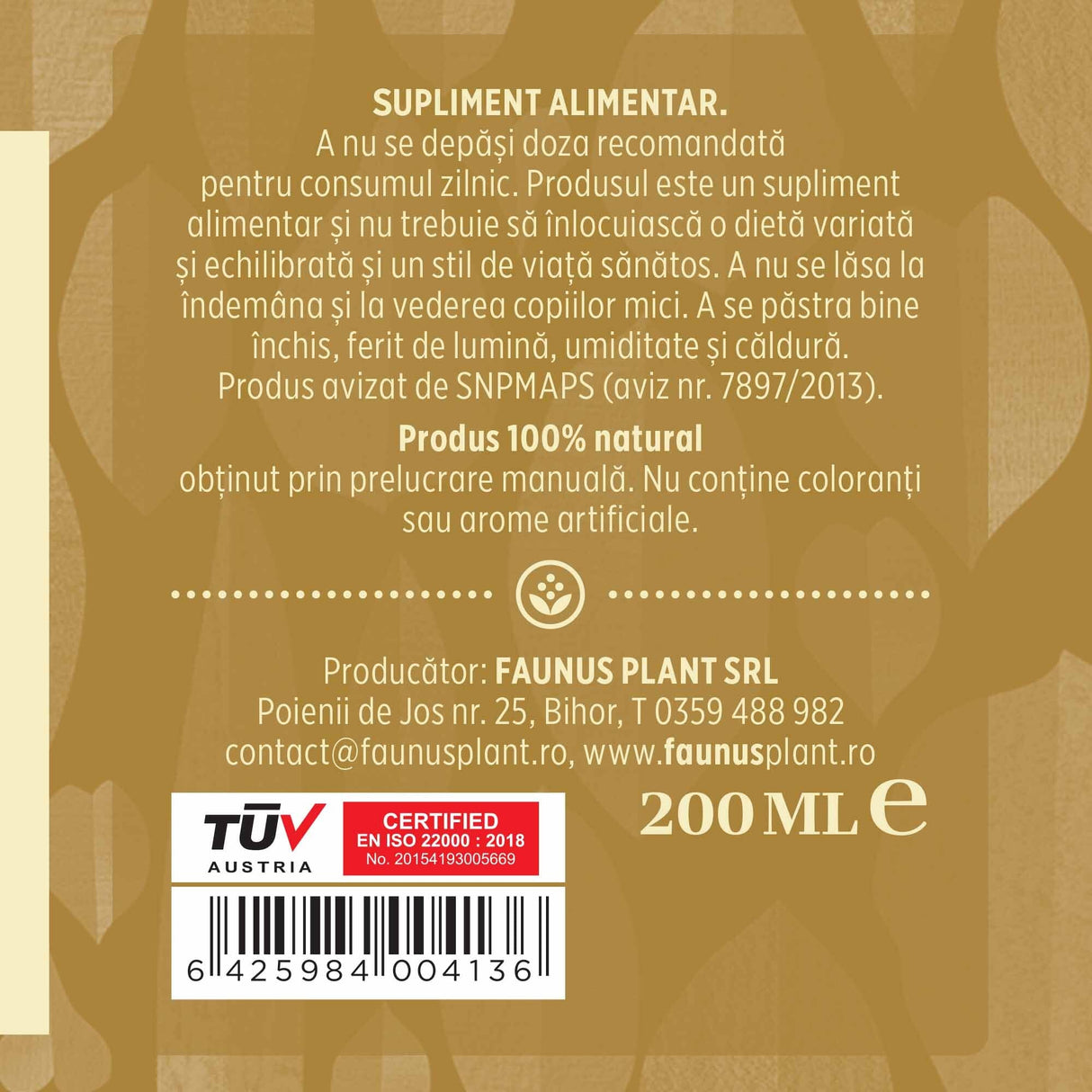 Etichetă dreapta desfășurată Tinctură Gastricus 200 ml care oferă recomandări și precauții și sublinează faptul că produsul are certificare TUV Austria, apare logo-ul, un cod de bare și termenul de valabilitate.