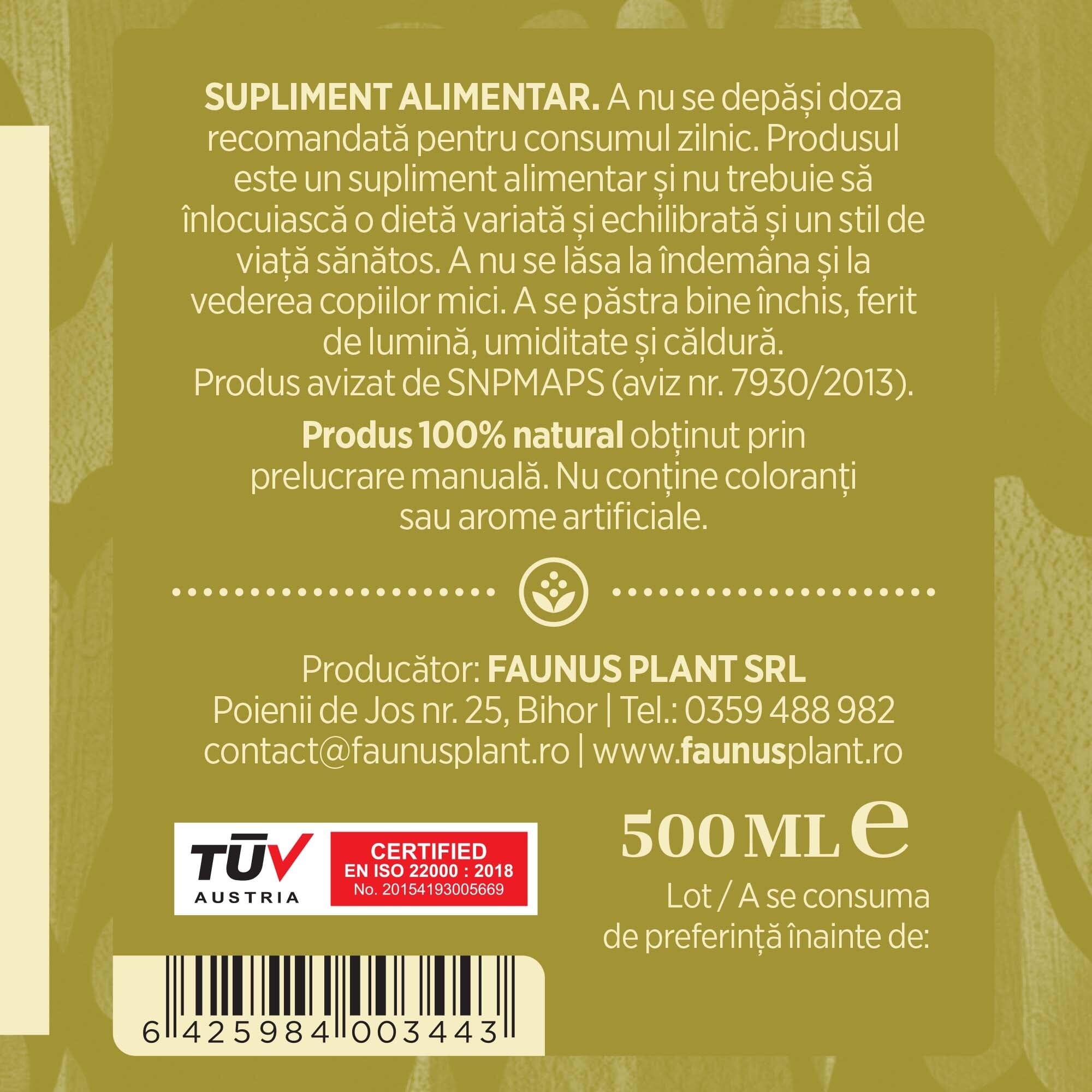 Etichetă dreapta desfășurată Tinctură Ghințura 500 ml care oferă recomandări și precauții și sublinează faptul că produsul are certificare TUV Austria, apare logo-ul, un cod de bare și termenul de valabilitate.
